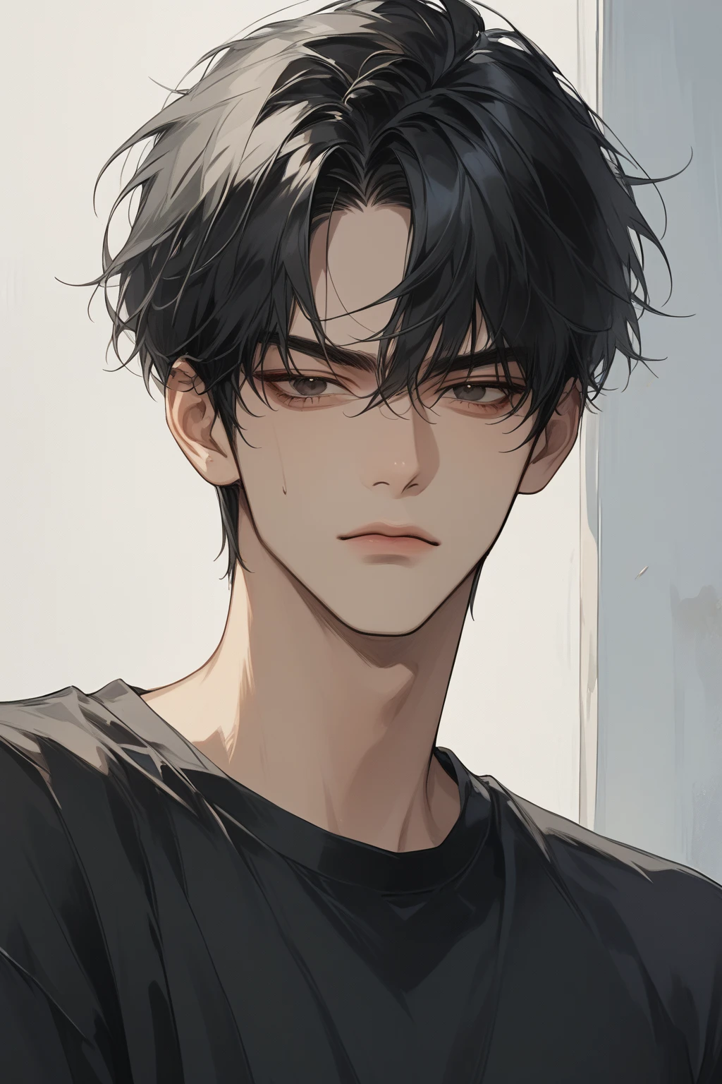 (score_9, score_8_up), short hair, masterpiece, best quality, 1 man , black hair , perfect face , black eye , handsome male , Alone, adult male , delicate line drawingimpasto, masterpiece, high resolution, Top quality, unique , 1 male , nice , tanned skin , black haired, black t-shirts, a dirty person, frown