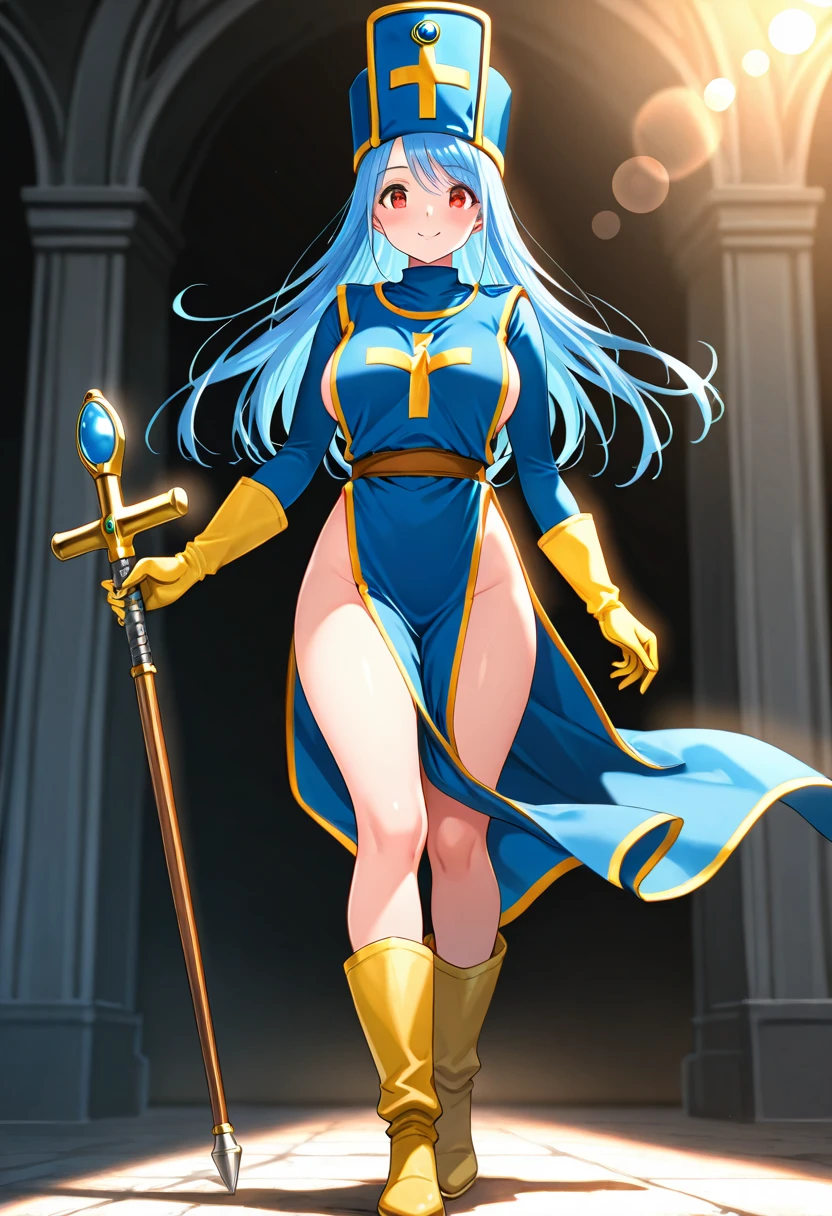 masterpiece,Highest quality, Unreal Engine, Super Resolution, Very detailed,
1 Girl, Waist, thin, (Muscular:0.8)
Round Breasts, Big Breasts, Bold,  Part your lips, Observe the audience,
Are standing, sexy pose
Waist shot,,Spread your legs,
, Key Visual,
 Light blue hair, Red eyes, Long-haired monk \(dq3\)
,,Tabard Elbow Gloves((Spread your legs上げる:1.3)),(Cameltoe:1.5)、Orange full body pantyhose、(See-through panties:1.2)、(Angle from the feet)、Tentacles entangled around legs
