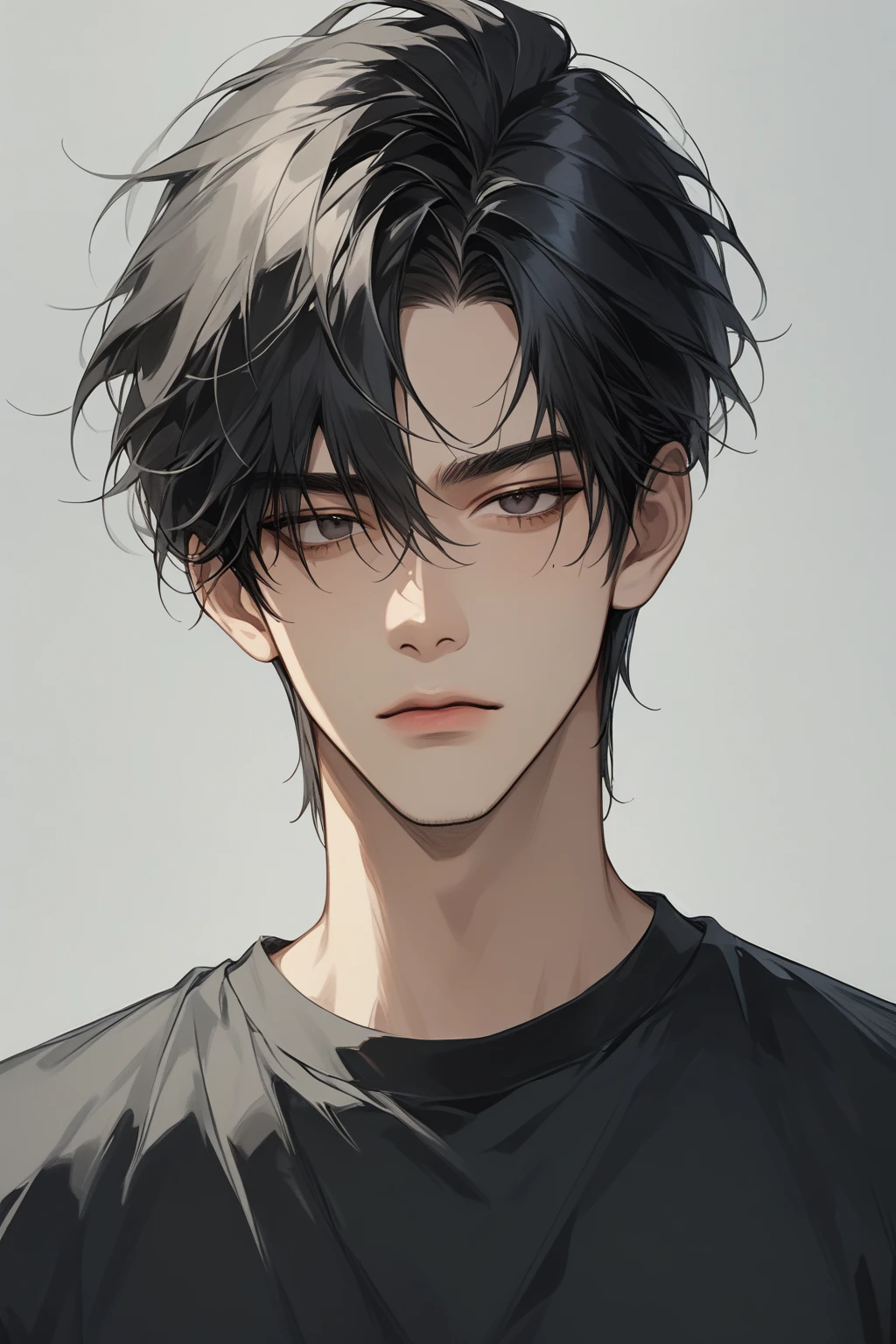 (score_9, score_8_up), medium hair, masterpiece, best quality, 1 man , black hair , perfect face , black eye , handsome male , Alone, adult male , delicate line drawingimpasto, masterpiece, high resolution, Top quality, unique , 1 male , nice , tanned skin , black haired, black t-shirts, a dirty person