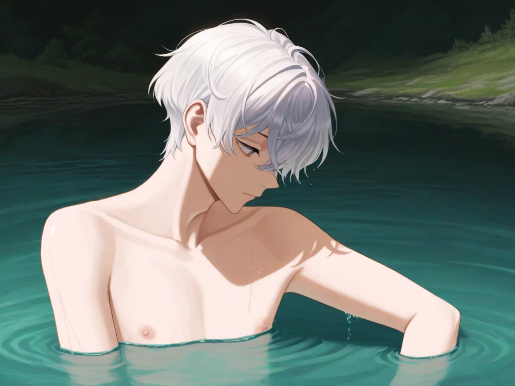 1boy, male focus, messy white hair, twink, shirtless, he is bathing in a lake, moonlit water, creative, high quality, absurd quality, best quality, deep shading, masterpiece, high resolution, modern style