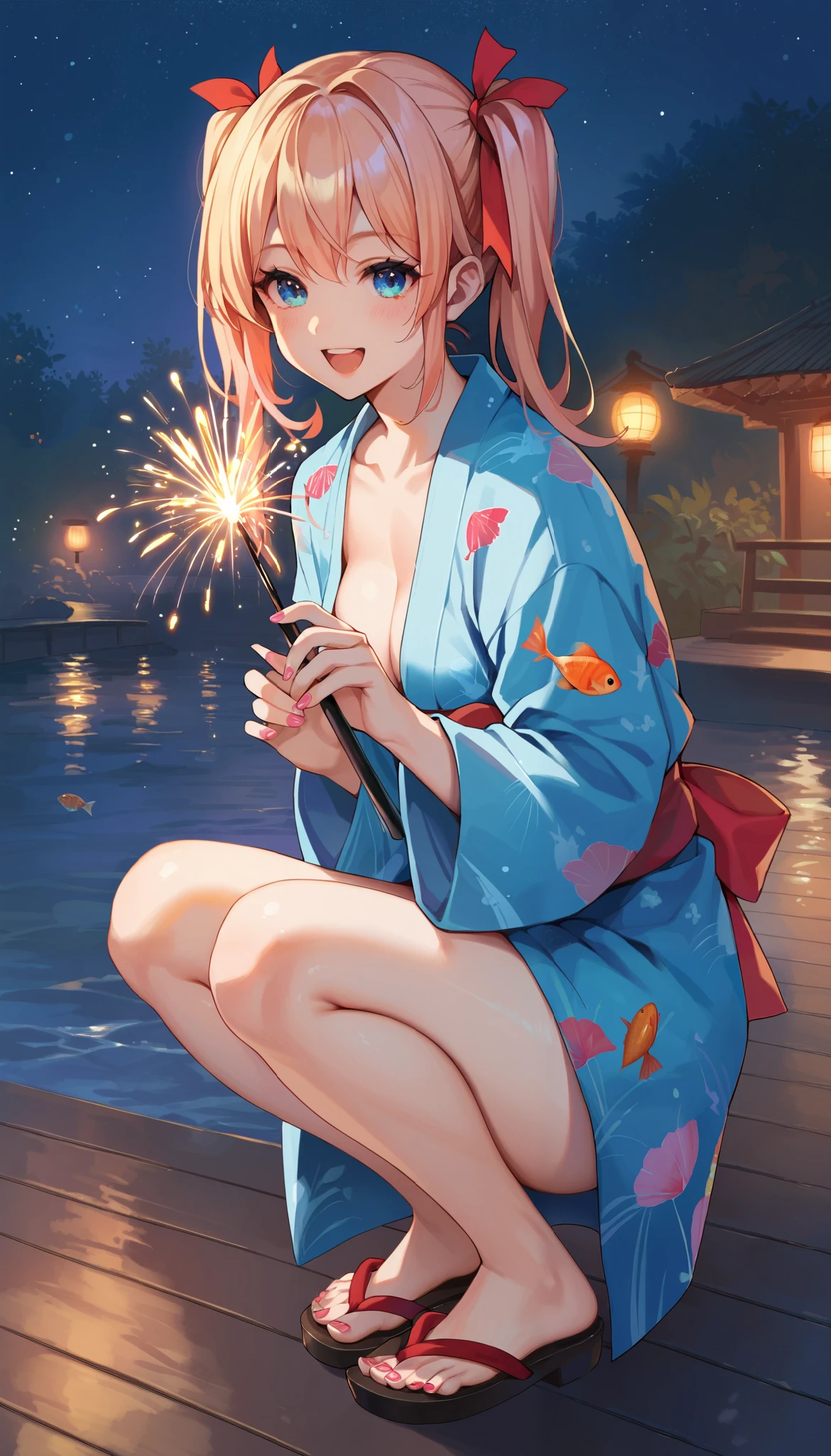 A girl in a goldfish yukata squatting and holding a sparkler, late at night, looking at the sea with a happy look