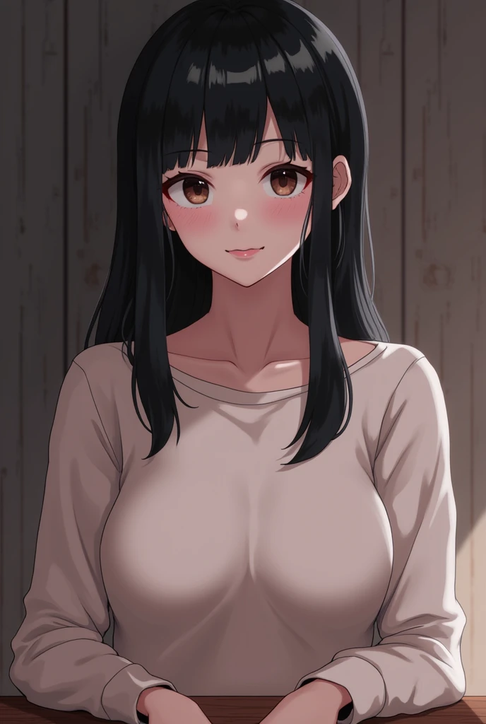 Cute mommy,mature women, Nude,realistic skin,perfect ,dense pubic hair, pussy hair,black hair, long hair, (hair over one eye:1.4), messy hair, hair between eyes, chubby,plump,fat, Sexy lips, pucker lips,cute shy blush on