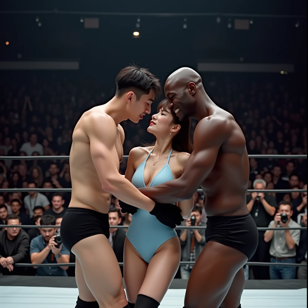 Sable Mero from behind in a black vinyl dress, there is a crowded wrestling arena, there are two people with each other tightly embraced from behind, we see a long-haired blonde woman from behind who is wearing an extremely shiny black vinyl dress, we see a naked man with a short hairstyle from behind, the blonde one A woman in a shiny black vinyl dress and the naked man are standing in the hall with each other, the naked man seems to be in pain, the naked man is leaning on the shoulder of the blonde woman in the vinyl dress, the blonde woman in the vinyl dress feels sorry for the naked man and supports him as he walks, the blonde woman holds the naked man's body upright, is really collapsing with pain, he is really fainting, she is holding him up, he is hanging on her shoulder, they are standing very close together, his hand is lying on her shoulder, arm-in-arm, she has her hand around his waist, she is wearing shiny latex, she is grabbing his waist, a man in a white tanktop, a shorthaired blond man, a girl in shiny latex clothes, a shorthaired blond man from behind, a longhaired woman in a high shine black lates dress, there is a young couple standing arm-in-arm, there is a brownhaired attractive woman wearing a high-shine black dress, a longhaired woman is holding an injured shorthaired boy, there is a boy in jeans and tanktop hugging a superhot woman that is wearing a very shiny dress, a shorthaired blond boy has a painful face and cannot walk, there is a girl giving support to an injured shorthaired boy, a wounded blond and shorthaired boy cannot walk and has to be supported by a girl, he grabs her shoulder, he has his arm around her shoulder, his hand is on her shouder, a sad looking girl supporting a wounded boy, masterpiece, super detailed background, detailed face, brown eyes, crying out, tears, desperation, pain, agony, accident pose, dramatic suffering pose, hands detailed hands