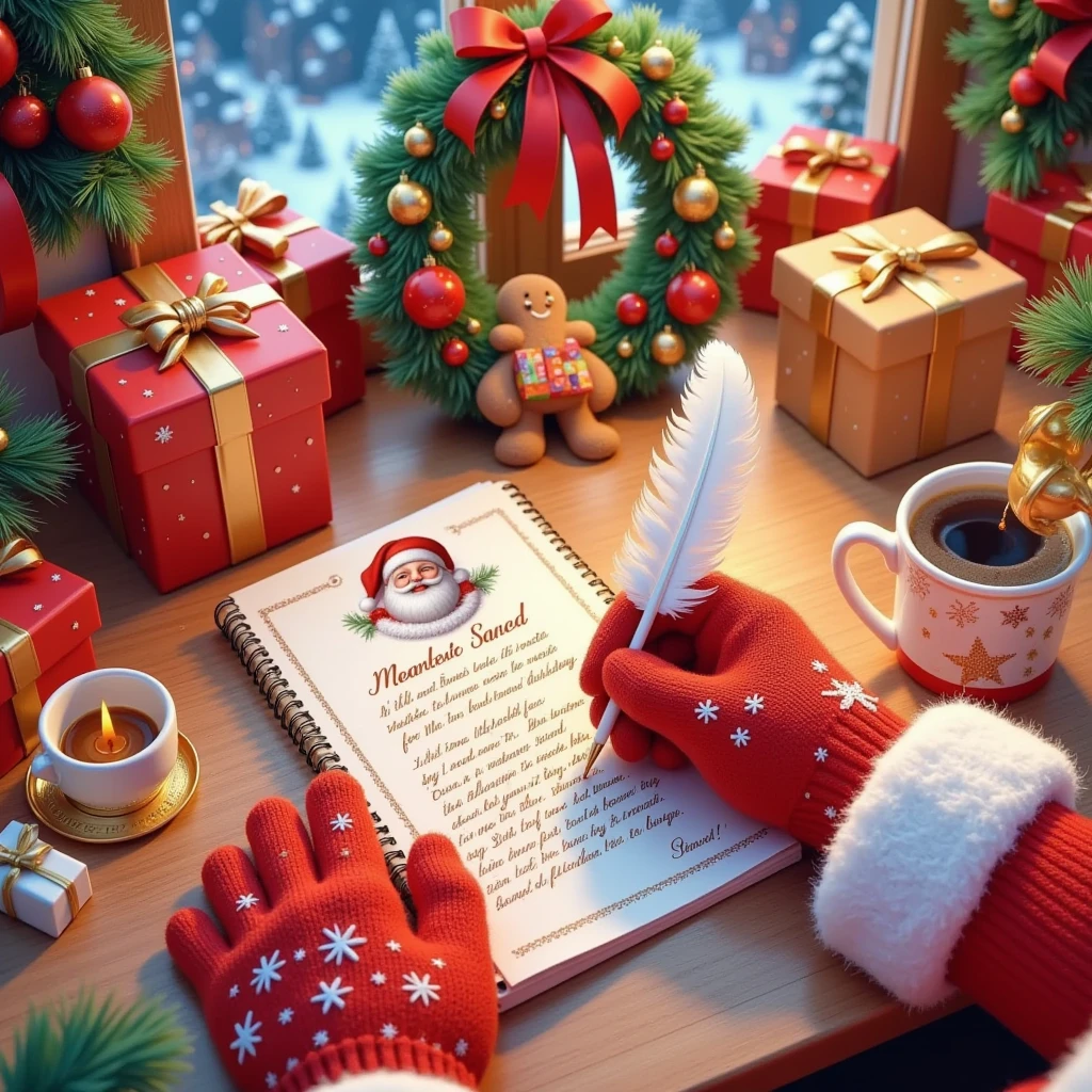 Looking down, taking a close-up shot of the desktop from above
Santa Claus' hands, wearing plush knitted red gloves with snowflake patterns, holding a long white feather, writing on a letter paper.
The text of the letter is "Dear, Merry Christmas ...", with a photo of Santa Claus on the letter paper, a beautiful envelope, and a golden postmark.
The desktop is neat and orderly, with red gift boxes, gold gift boxes, a cup of hot coffee, Christmas wreaths, lit candles, gingerbread men, and small gift boxes. The desktop is made of wood. There is some snow next to the window.