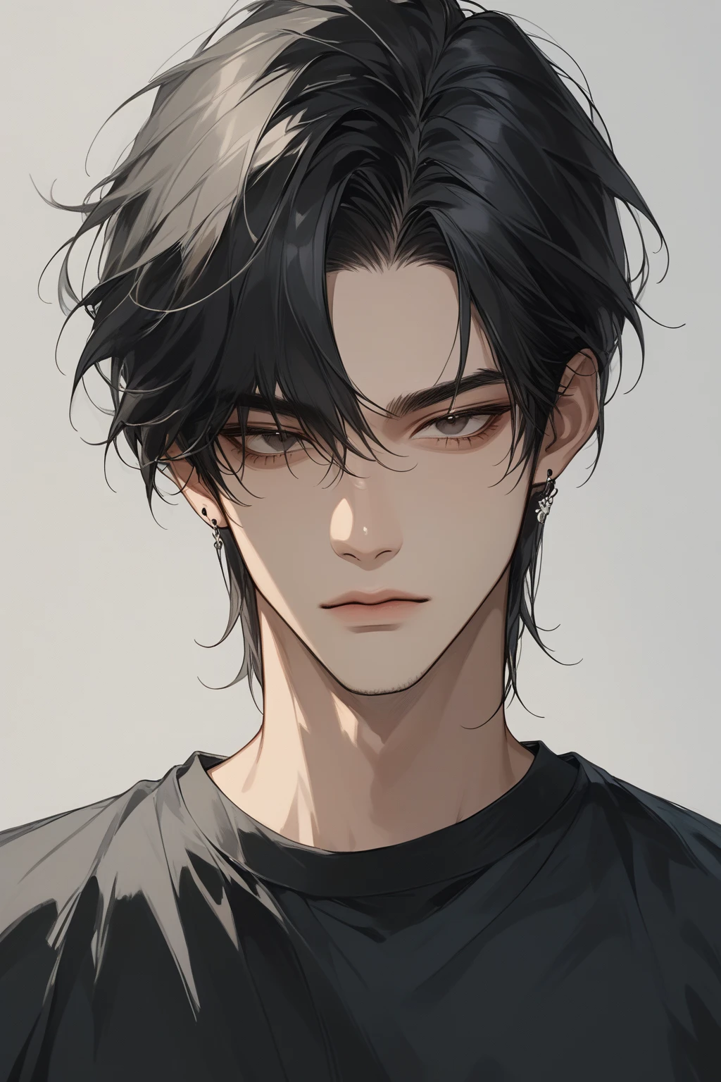 (score_9, score_8_up), medium hair, masterpiece, best quality, 1 man , black hair , perfect face , black eye , handsome male , Alone, adult male , delicate line drawingimpasto, masterpiece, high resolution, Top quality, unique , 1 male , nice , tanned skin , black haired, black t-shirts, a dirty person