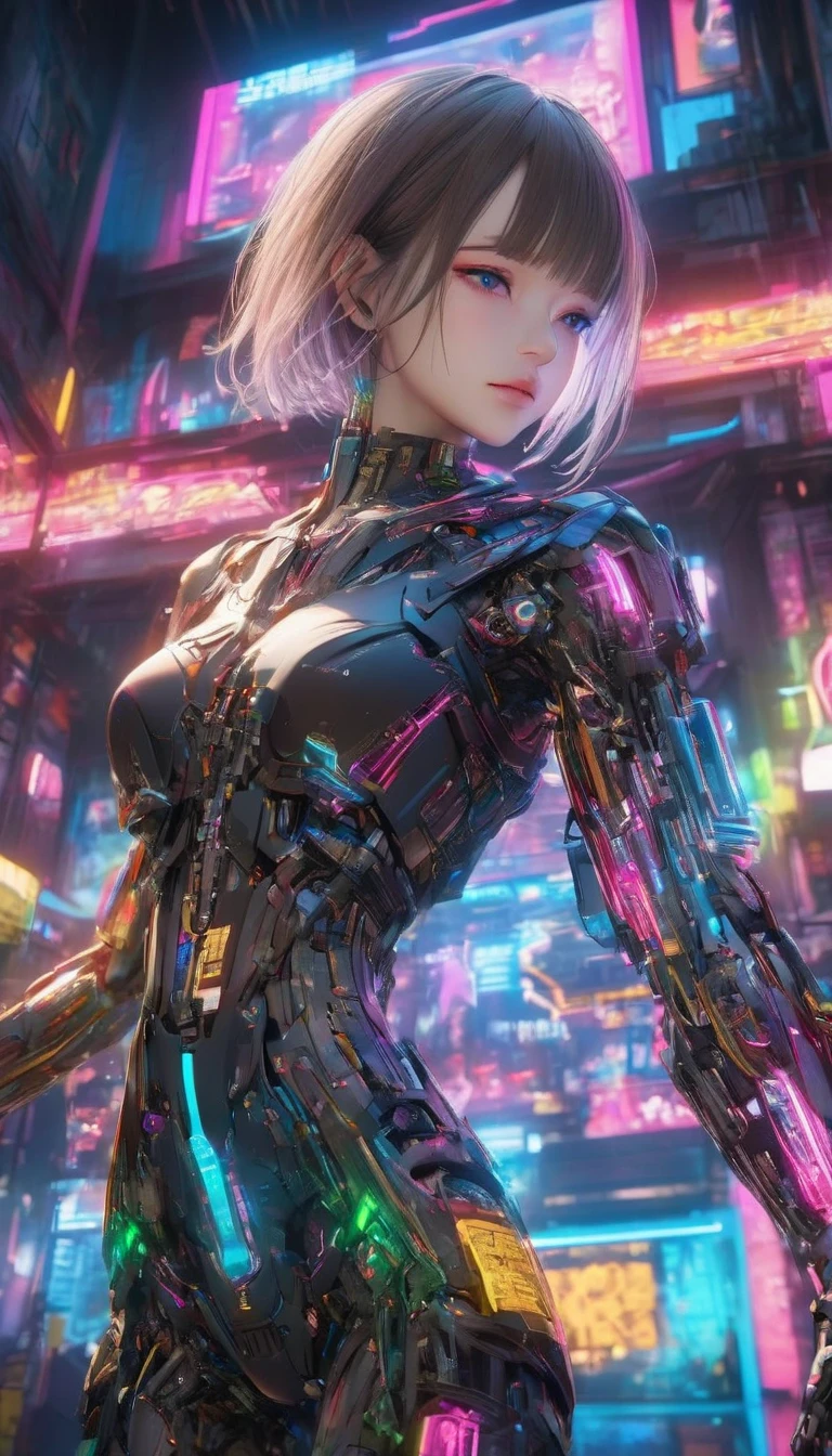 a scrambled cyborg girl, glitchy cyberpunk style, neon lights, surreal, futuristic, intricate mechanical details, robotic limbs, glowing circuits, vibrant colors, 8k, high quality, photorealistic, 3d rendering