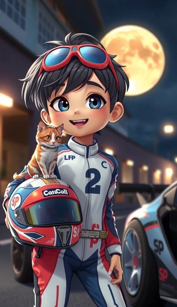 3D Cartoon a Smile Thai boy messy hair goggles on head and calico cat . He’s dressed in a white-blue-red Racing suit "SP", he holding helmet No 2, a Calico cat on his helmet, he standing beside racing car, Night ,super moon (Big Moon).