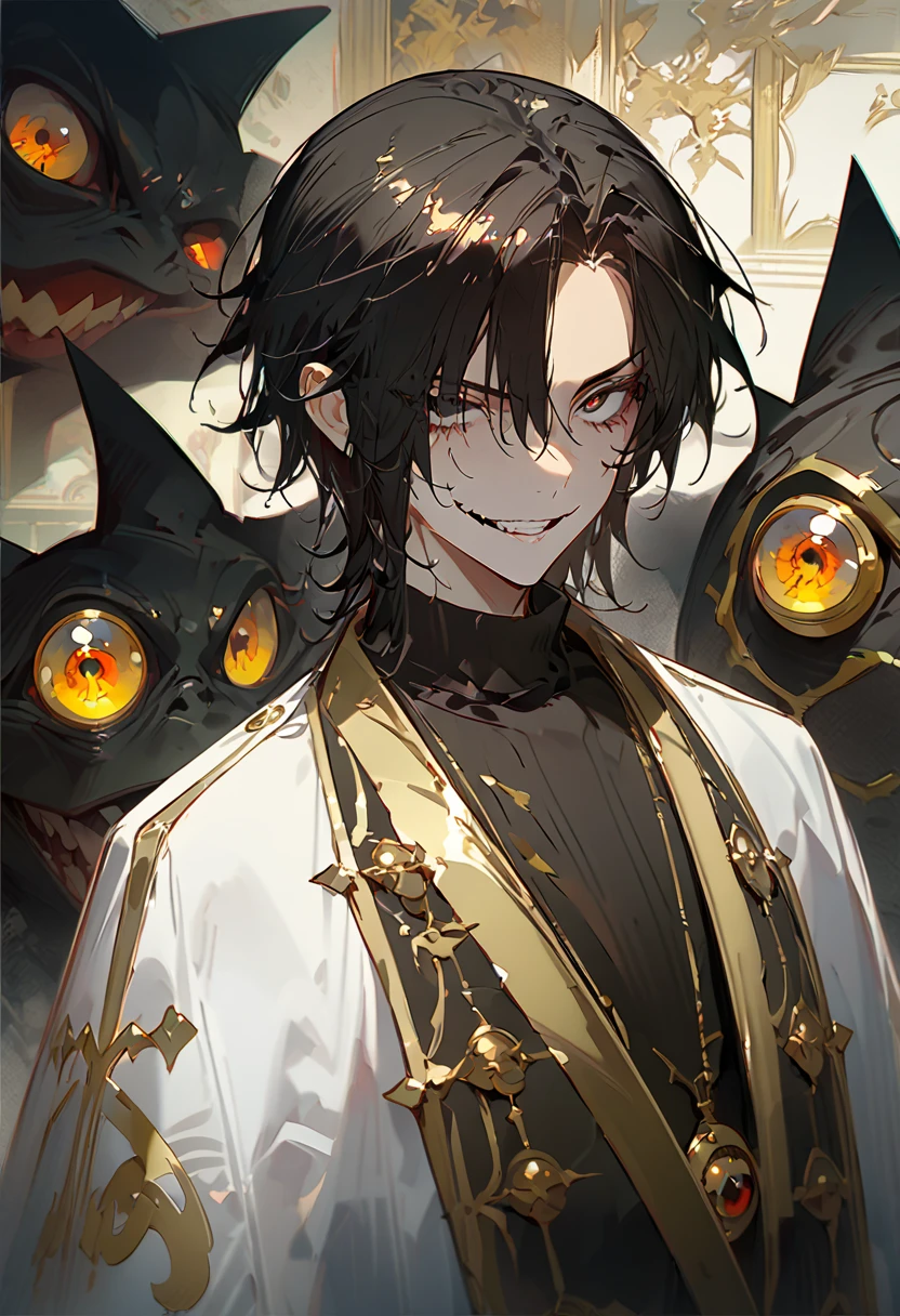 ((masterpiece), (best quality), (8k) ,(4k) , ((male), (1 person), (man)), ((demon), (pointed ears), (jet black hair), (black eyes with gold eyeball), (finely detailed eyes and detailed face)), looking at viewer, scary smile, meticulous clothes, ((black turtle neck clothes), (white coat), (white turtle neck coat with gold), (long coat), (patterned clothes)), majestic looks, sharp looks, shadows, inspired by Asukaziye artist : ask, art style : ask