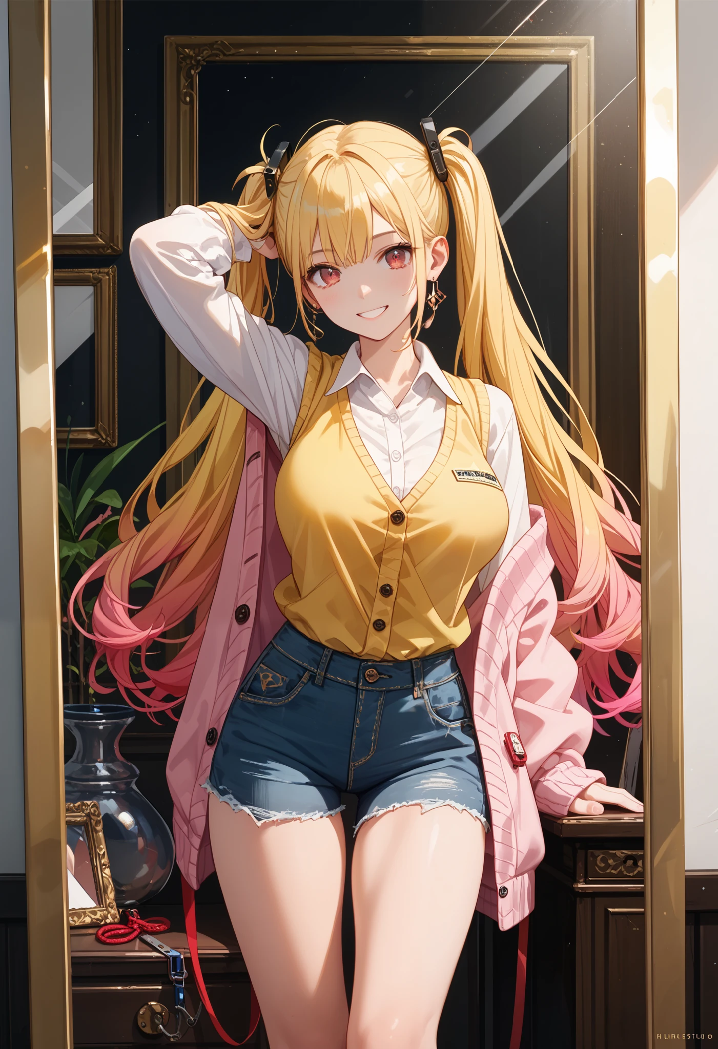 (masterpiece, best quality, higres, absurd quality, original, newest), front view, BREAK, (1girl, perfect body, perfect anatomy), ((gradient hair color+yellow hair:1.4+pink hair:1.2), long hair, twintail), (light red eyes, perfect eyes), big breasts, white blouse, yellow vest, pink cardigan, denim short pants, long legs, in front of mirror, look in the mirror, hand tying up hair, smiling