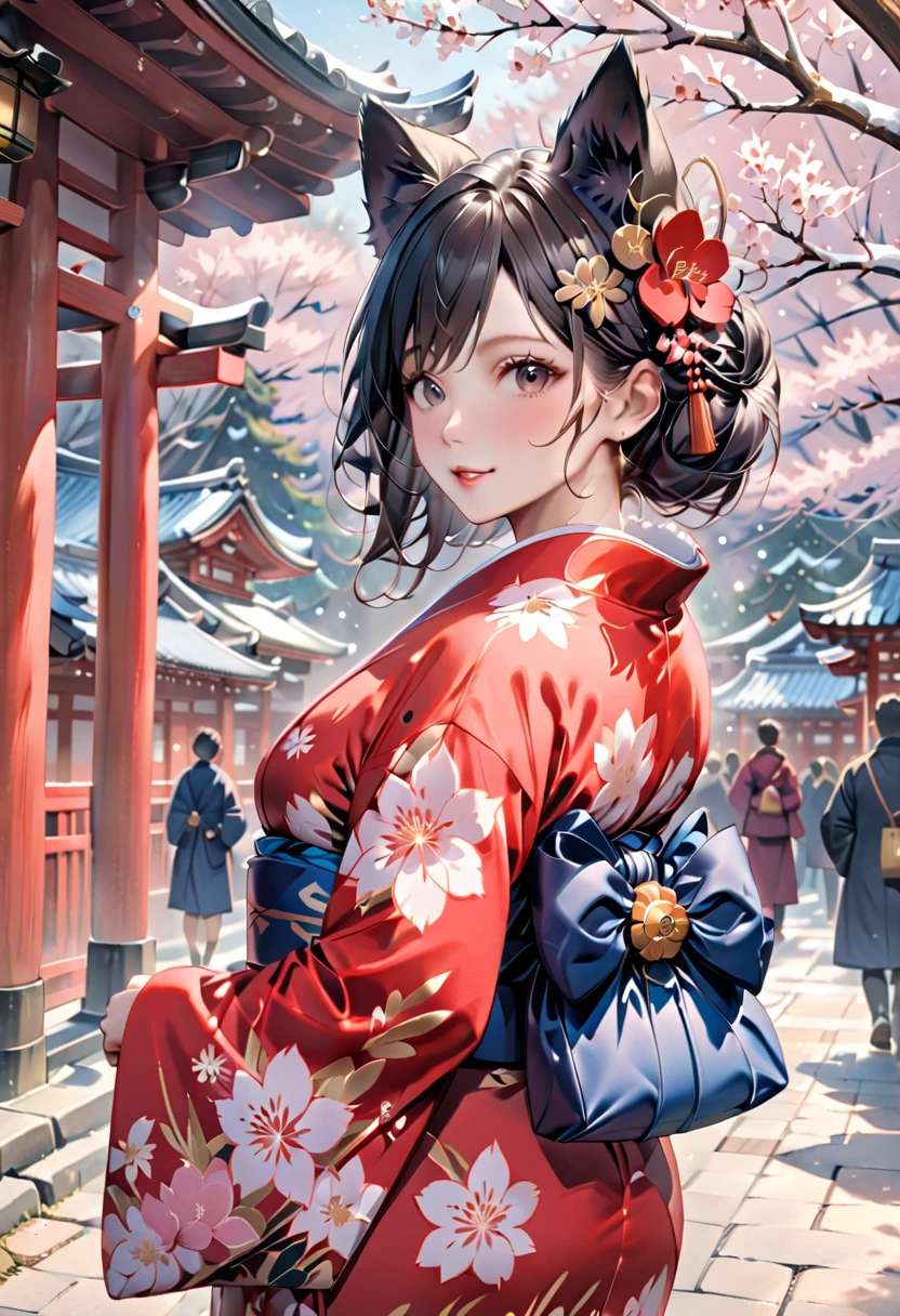 Age 25，Woman with dog ears，   Very black hair，          black ear        ， January， adult，kimono，new year，New Year's Shrine Visit ，