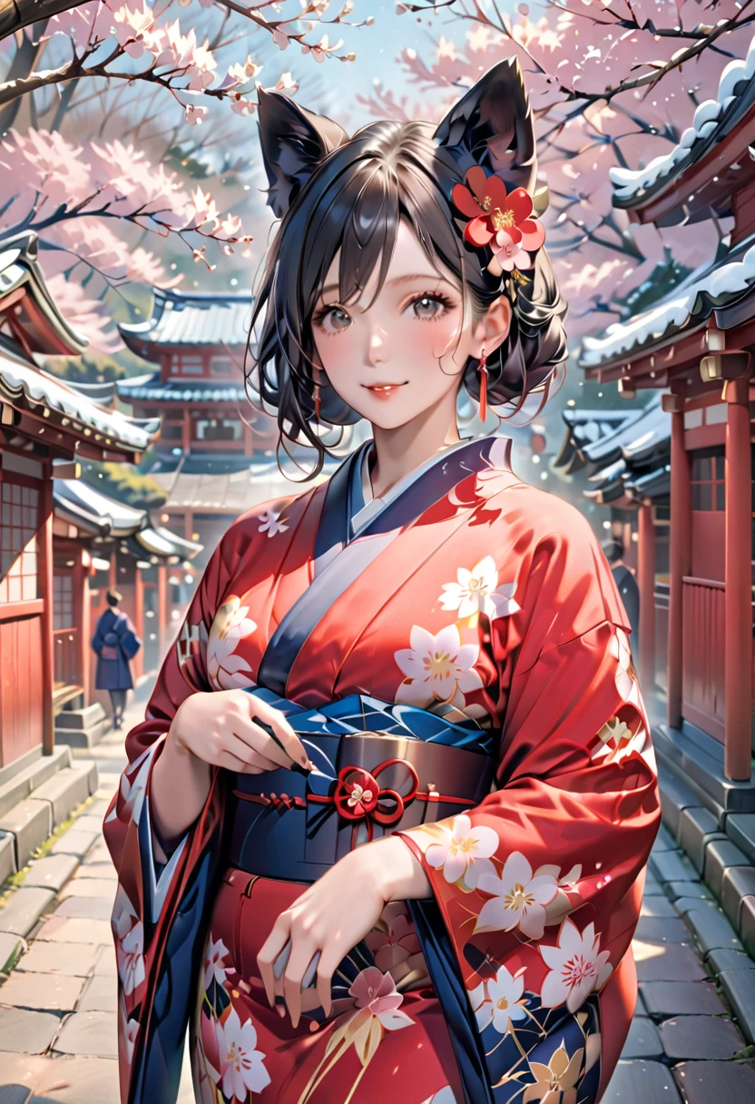 Age 25，Woman with dog ears，   Very black hair，          black ear        ， January， adult，kimono，new year，New Year's Shrine Visit ，