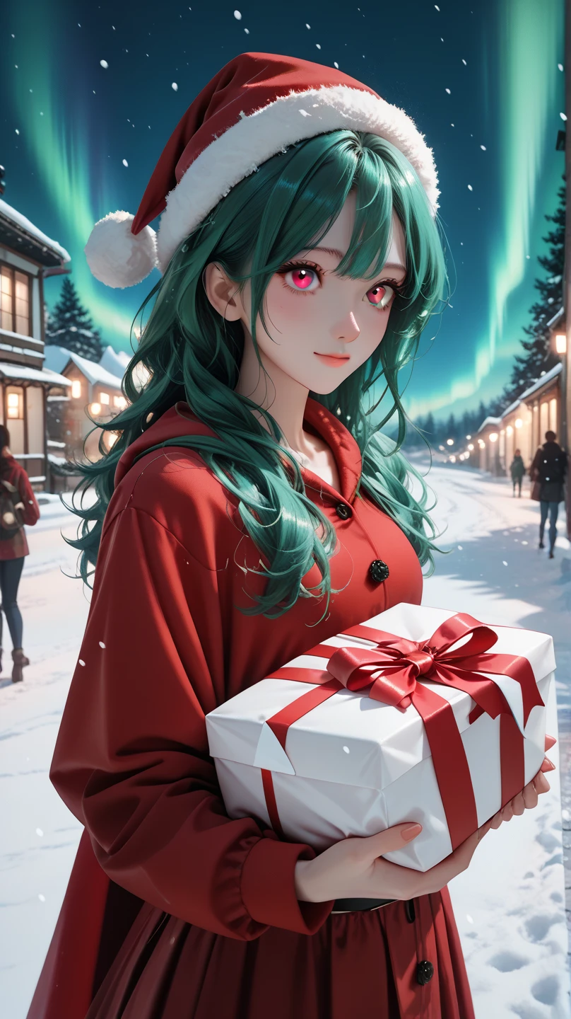 woman with long wavy dark teal green hair, pink eyes, santa outfit, snowy background, anime style, aurora, snowing, holding bags of presents, looked from above, smiling