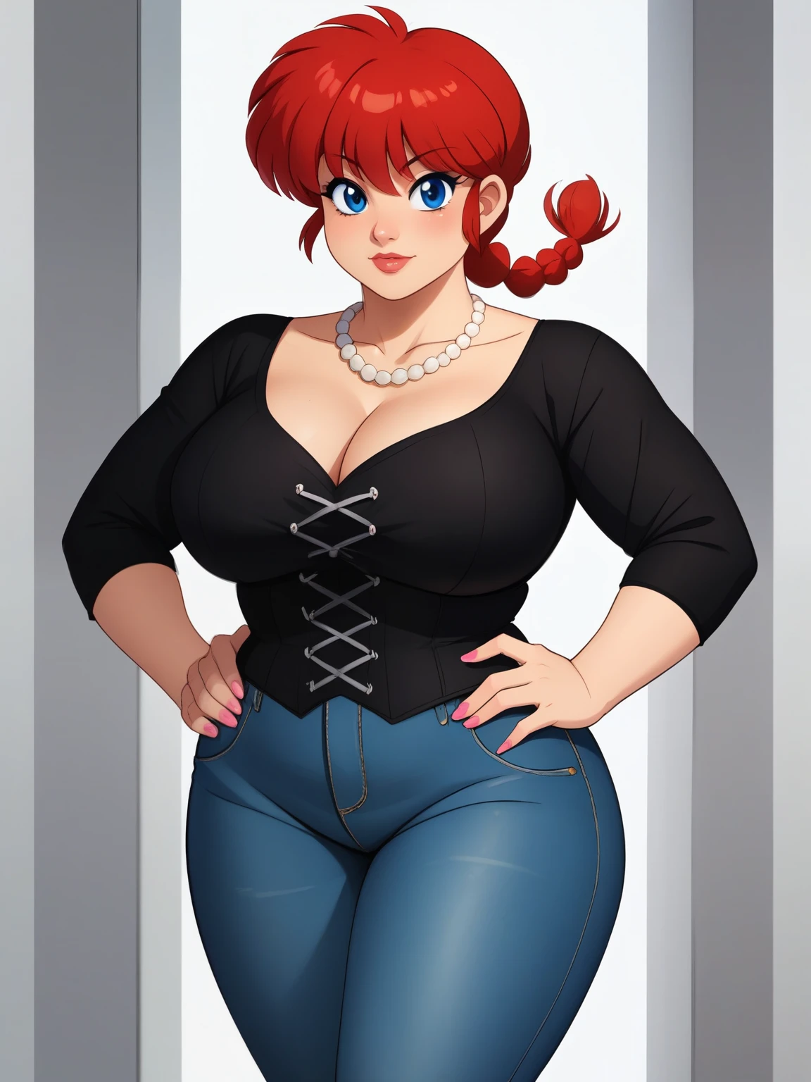 Ranma Saotome.   red hair .  blue eyes . braid.  large chest . . bbw. necklace.  black eyeliner . pink manicure. a corset.  Outcome protection suit.  shirt . jeans. Settlement . bow