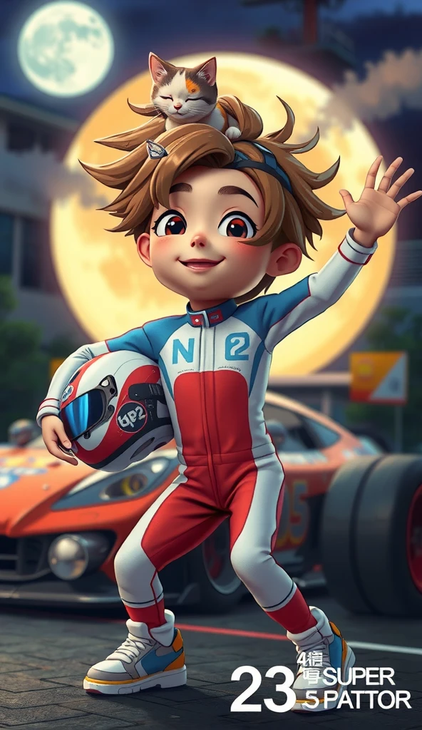 3D Cartoon a Smile Thai boy messy hair goggles on head and calico cat . He’s dressed in a white-blue-red Racing suit "SP", he holding helmet No 2, a Calico cat on his helmet, he dancing in dab pose beside racing car, Night ,super moon (Big Moon).