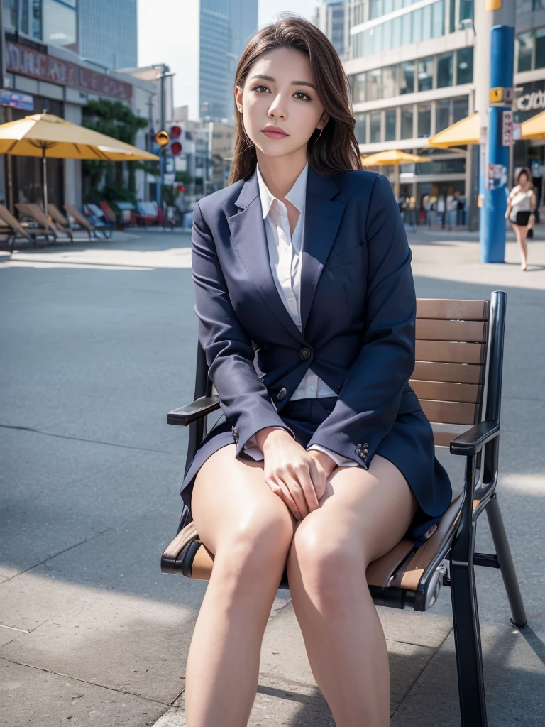 A tall beautiful office lady with very long legs and huge breasts standing on the station platform, seen from below, sitting