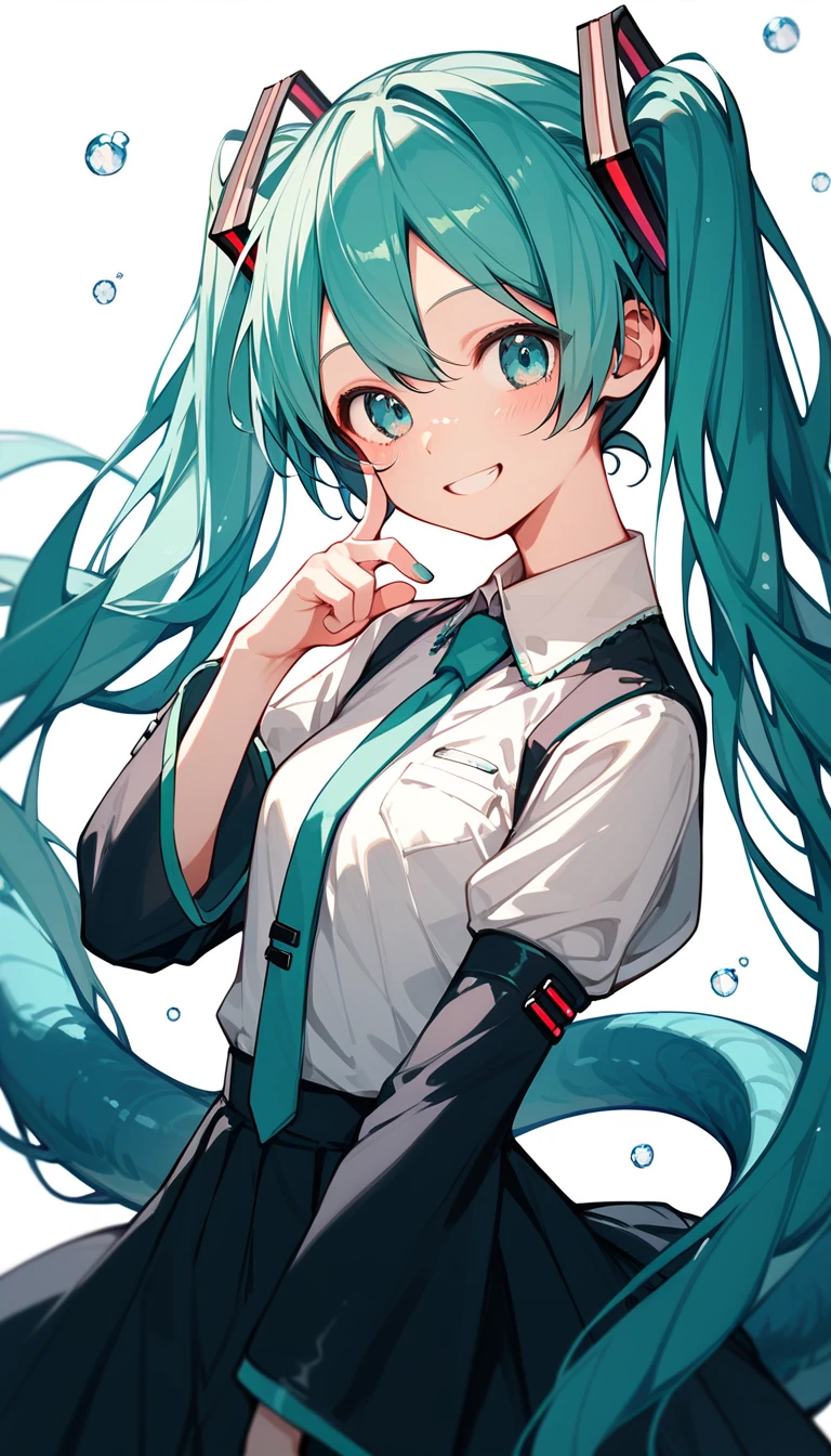 tmasterpiece,Colorful,Best quality at best,独奏,1girll,Boots,green-eyed,A high resolution,looking at viewert,standing on your feet,Manteau blanc,(校服:1.3),hands in a pocket, anime girl with long blue hair and a white shirt and black skirt, Hatsune Miku, Portrait of Hatsune Miku, Hatsune Miku short hair, vocaloid, hatsune miku portrait, Os amigos, mikudayo, Anime girl with teal hair, Hatsune Miku cosplay, hatsune miku face, style of anime4 K, An anime girl, attractive anime girls