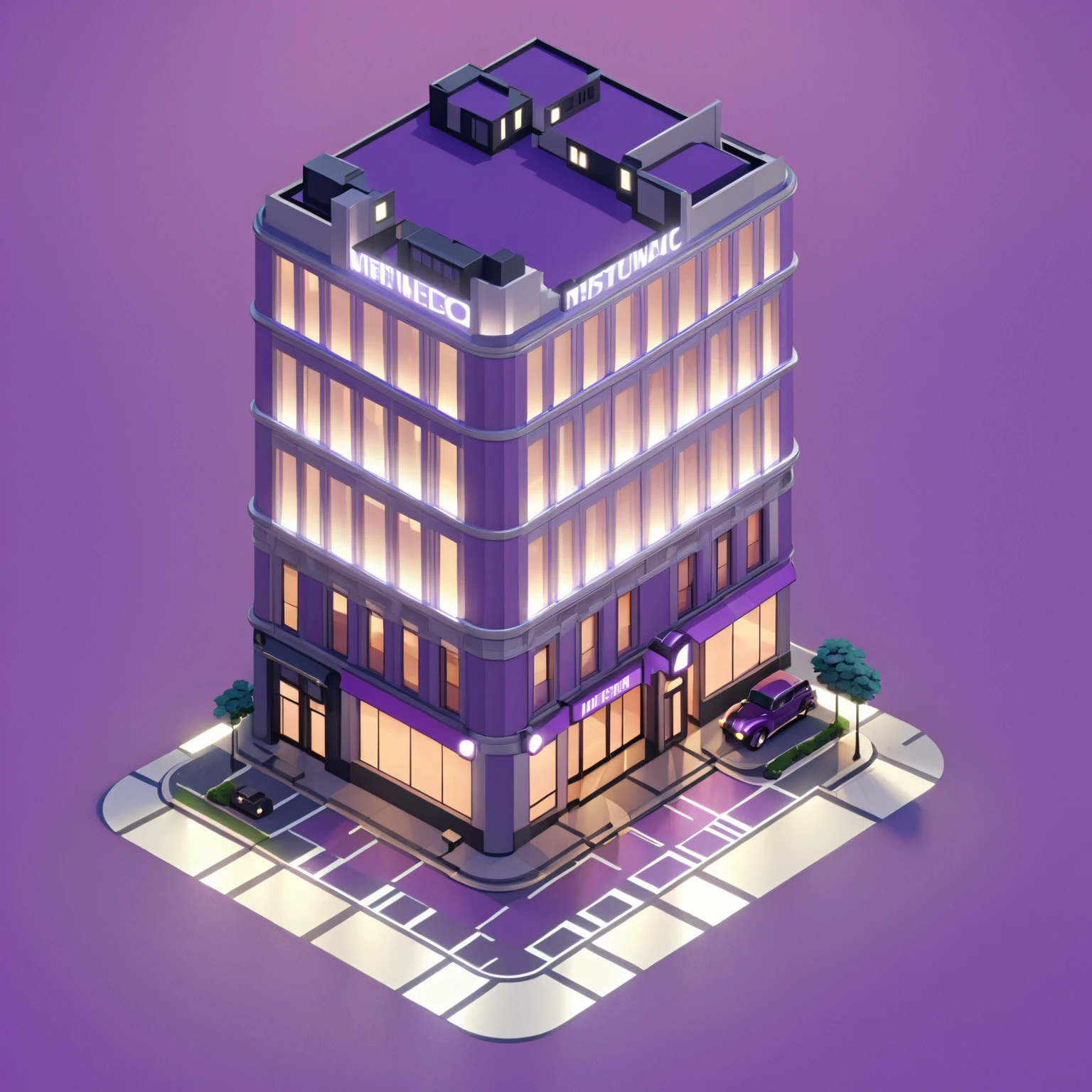 isty02 style. isometric illustration
Art deco city street and evening, Purple background,
detailed, professional,  slick, 3d, unreal engine, render, ray tracing,
high quality, masterpiece, highres,