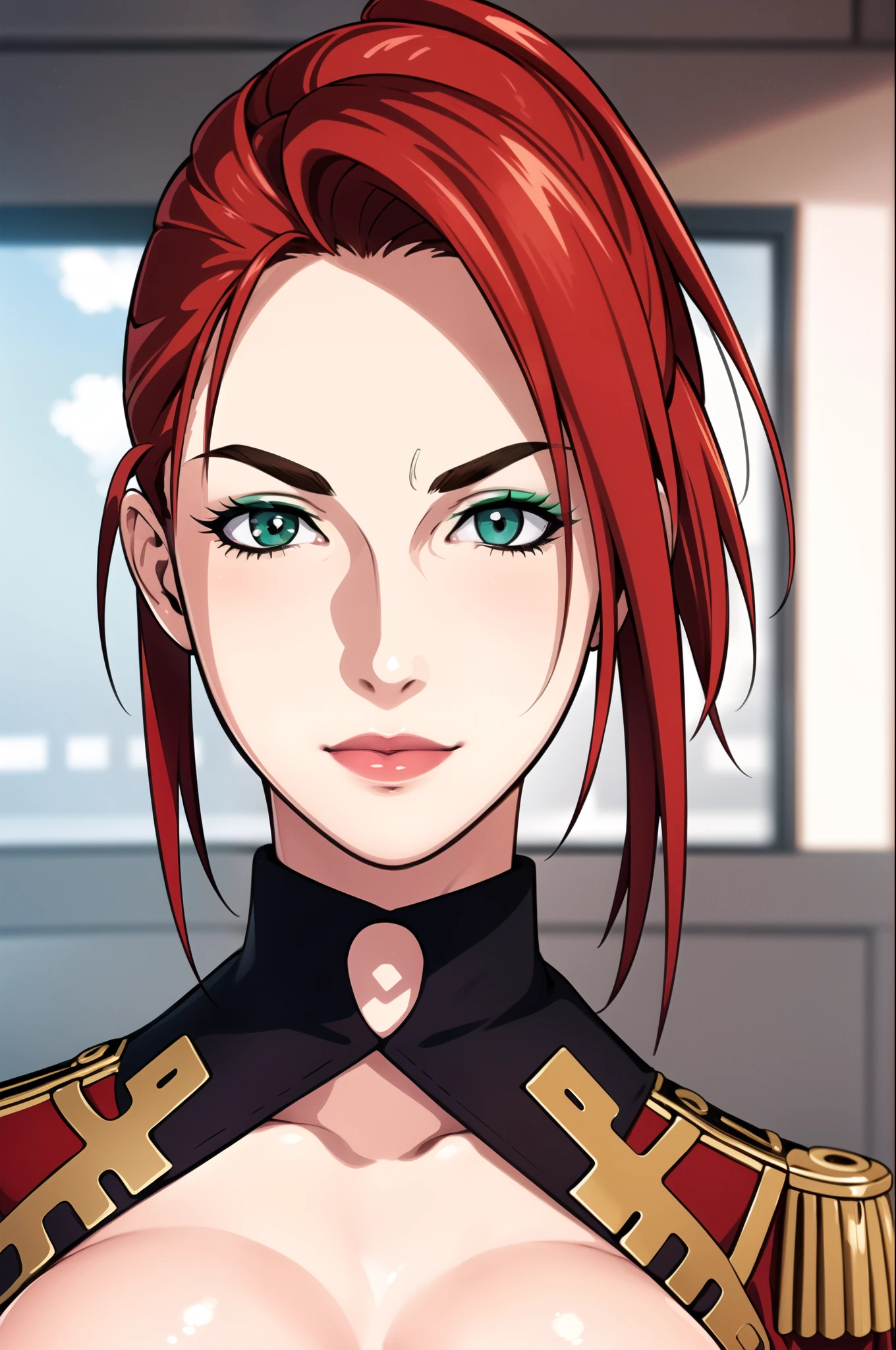 J-cup and the rumored musculoskeletal Takashi 々Beautiful boss , shared room at the destination hotel,Hotel suite ,military uniform, military,Red Uniform, Long Sleeve , gold trim , red shirt,緑colorのネクタイ,green eye, Red Hair,bangs, long hair, 1 girl, 20 years old, young woman, beautiful long legs, beautiful body, beautiful Nose, beautiful character design, perfect eye, perfect face,expressive eye, perfect balance, viewers,(Focus on her face), closed mouse, (innocent_big_eye:1.0),(light_笑face:0.3), Official Art, extremely detailed CG unity 8K wallpaper, perfect lighting, colorful , bright _Front_face_lighting, white skin,(masterpiece:1.0),(Highest_quality:1.0), 超 high res,4K, ULTRA DETAIL,photograph, 8k, high res, high res, absurd:1.2, Kodak Portra 400 , film grain, Blurred Background, Bokeh:1.2, lens flare, ( vibrant_color:1.2), プロphotograph ,( beautiful,big_chest:1.4), ( beautiful_face:1.5),(narrow_ waist),
