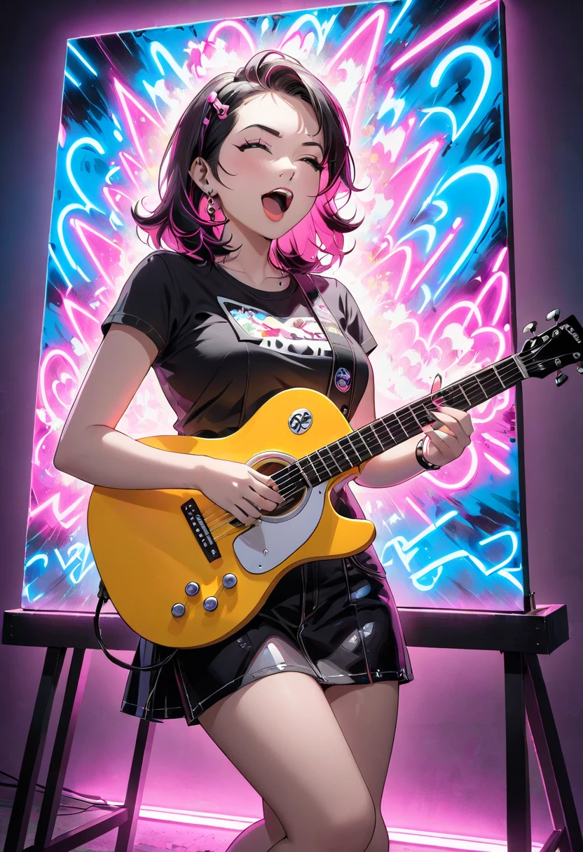 artist-painting-a-singing-rocker-chick-on-a-canvas-comic-style-soft-neon-lighting-fine-expression-341825701