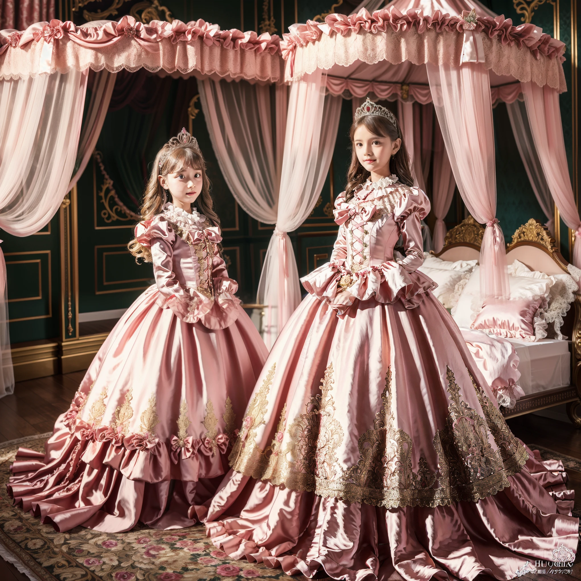 Photo of the cover of the magazine,Lot of Princesses Blonde hot pink Silk Satin Victorian Ball Gown Dress.(( young russian girls:1.0)),baby face,sholeeves,puff sleeves,frilled yoke collar,The dress is decorated with lots of frills and ribbons.,((wave straight Long hair:1.0)),They are wearing princess tiara on the head,in the luxurious European rococo style bedroom,gigant luxurious pink canopy bed behind,high detailed bed,