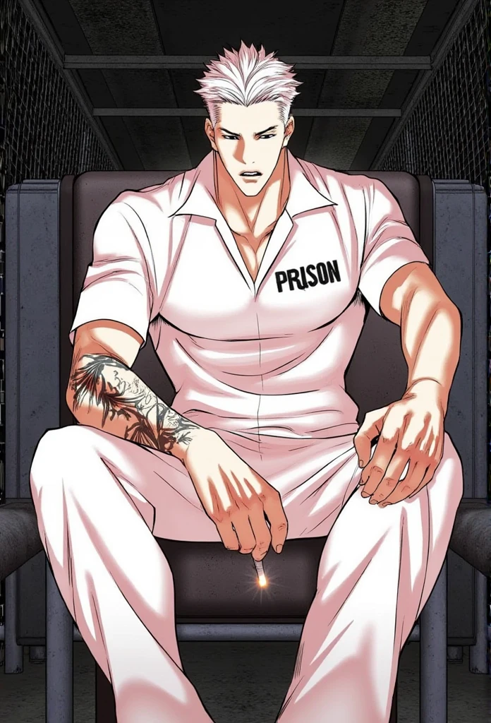 A character from the "Lookism Manhwa" a muscular man with short, spiky white hair and a stern expression, wearing a white jumpsuit with "Prison" written on the chest. He is sitting on a metal chair with his legs crossed, one hand resting on his knee, and the other holding a cigarette. He has a tattoo on his left arm and a serious, intense gaze.