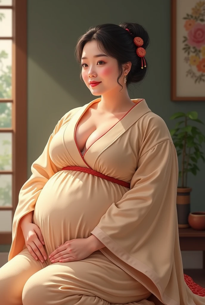 Pregnant woman in oriental dress sitting at a table, Pregnant belly,  on cheongsam, pregnant,Have huge breasts, Detailed fanart, she has a jiggly fat round belly, her belly is fat and round, Marin Kitagawa fanart ， A girl in Hanfu