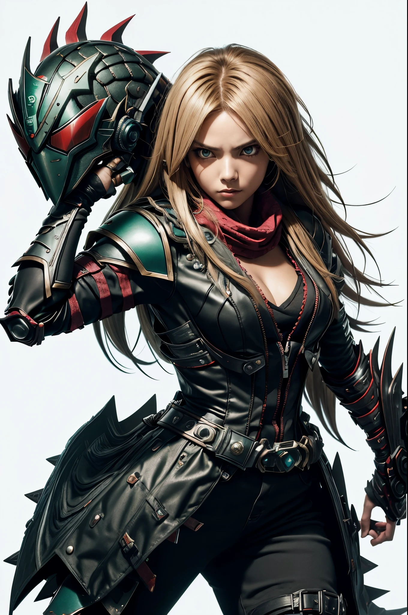 1 girl styled post-apocalyptic Slim body. cleavage, Female Kamen rider. Basilisk styled Kamen rider. red mix black female Kamen rider suit. Basilisk styled full face Kamen rider helmet. face exposed. long blonde hair exposed. Kamen rider belt. Standing pose. white background. breast is covered and flatted with scarf , shielded