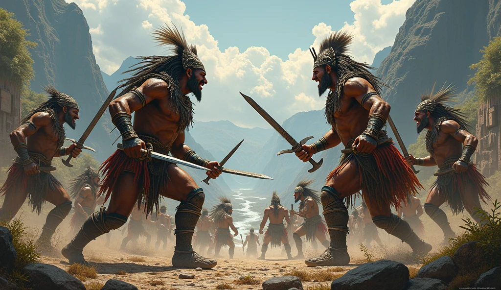 manga, toons, anime: battle between the AZTEC ARMY AND THE MAYAN ARMY, FIERCE BATTLE, HD, rain of atlatl crystal spears, bow and arrow, slings and blowguns, and for hand-to-hand combat they used spears, mallets and, probably , knives, lots of action and color