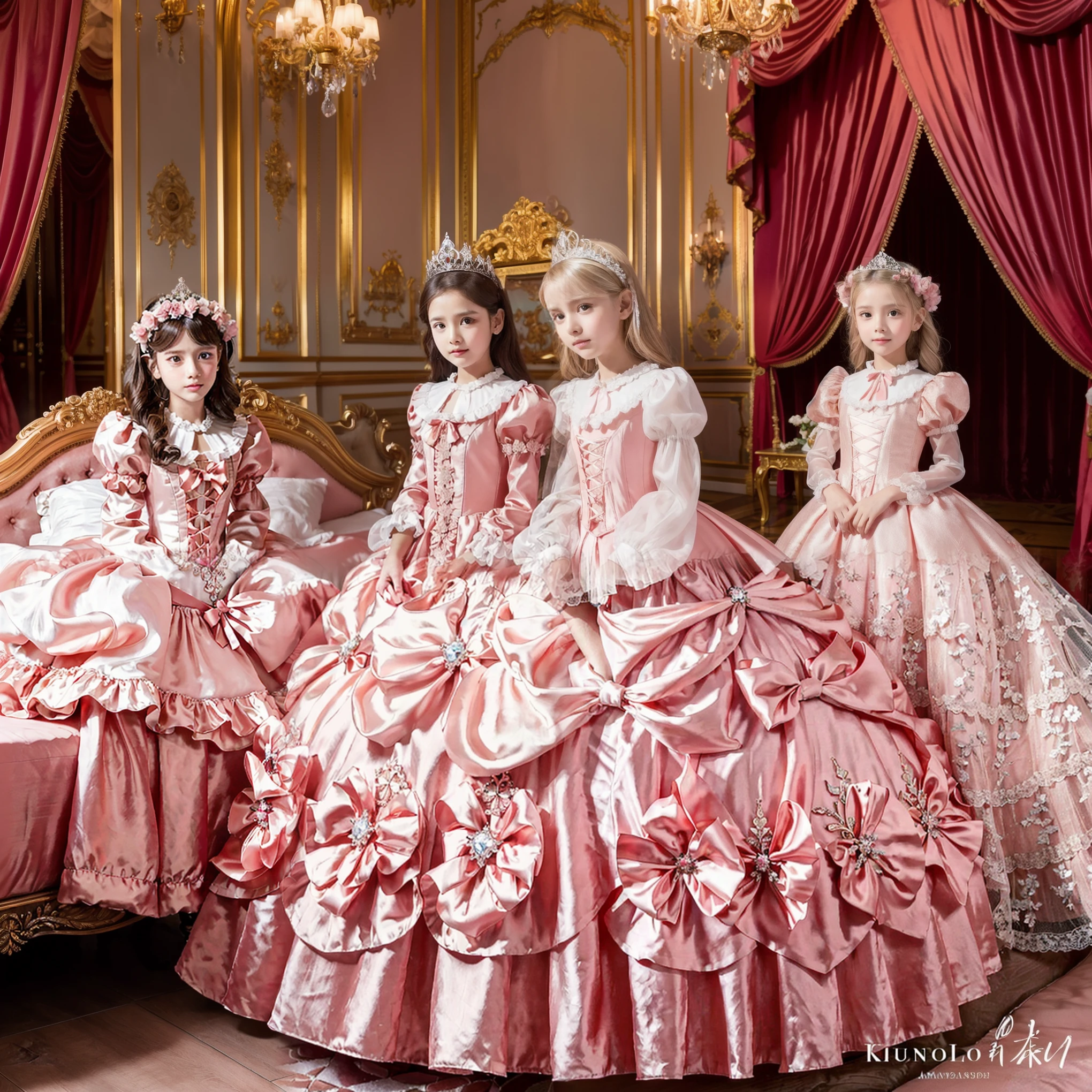 Photo of the cover of the magazine,Lot of Princesses Blonde hot pink Silk Satin Victorian Ball Gown Dress.(( young russian girls:1.0)),baby face,sholeeves,puff sleeves,frilled yoke collar,The dress is decorated with lots of frills and ribbons.,((wave straight Long hair:1.0)),They are wearing princess tiara on the head,in the luxurious European rococo style bedroom,gigant luxurious pink canopy kingsize bed behind,high detailed big bed:1.2,