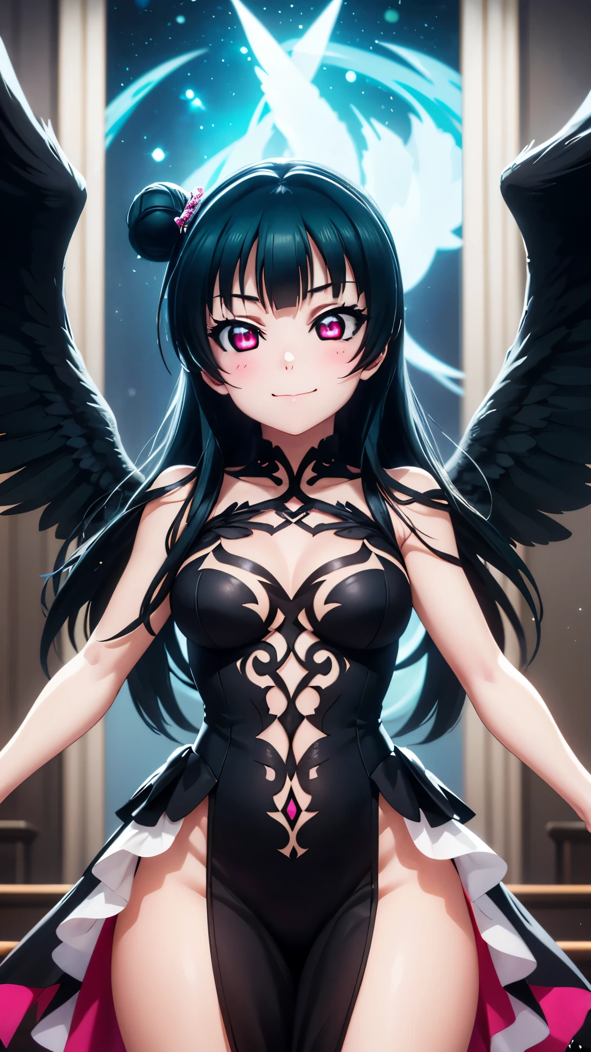 Yoshikotsushima,  Yoshiko Tsushima, long hair, bangs, blue hair, (pink eyes:1.3), hair bun, single hair bun, single side bun,
break shirt, 
break looking at viewer, 
break (masterpiece:1.2), best quality, high resolution, unity 8k wallpaper, (illustration:0.8), (beautiful detailed eyes:1.6), extremely detailed face, perfect lighting, extremely detailed CG, (perfect hands, perfect anatomy), Black Angel Wings, black dress, blush, smug face, カウボーイショット, 