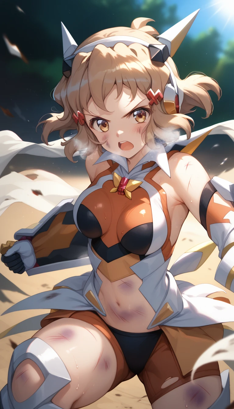  top quality ,  soft light during the cruise,  super high res,  cute, Beautiful face in every detail , high resolution details of human skin texture, shiny skin,sweat,Heat, white breath ,Take a deep breath,Hibiki Tachibana,Brown Hair,, battle costume,Outdoor Arena,sunlight, serious eyes,Ready, Symphogear ,armed gear , open mouth ,Fighting pose,bruised body, hair ornament, torn clothes ,Short Hair,,whole body