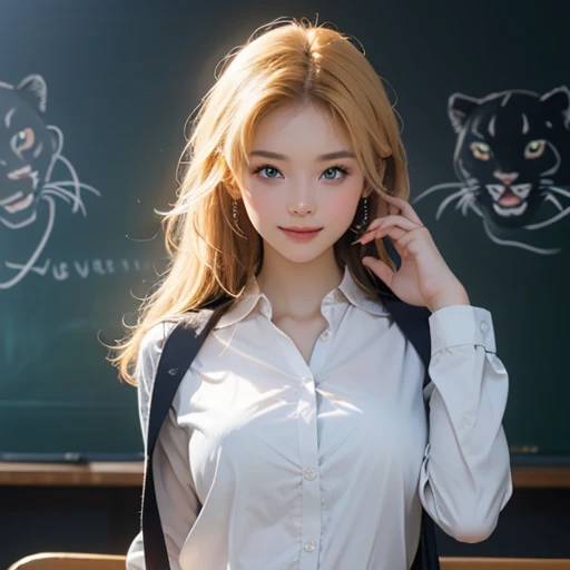   high res 、  high res 、 High image quality 、masterpiece、 one beautiful woman inside the aquarium building  、２５age、 school teacher 、 blondes、 blue eyes、Navy Suit、 school classroom、  Cute Poses 、 blackboard 、smile、(( depicting only the upper body ))、(( woman with a panther face ))