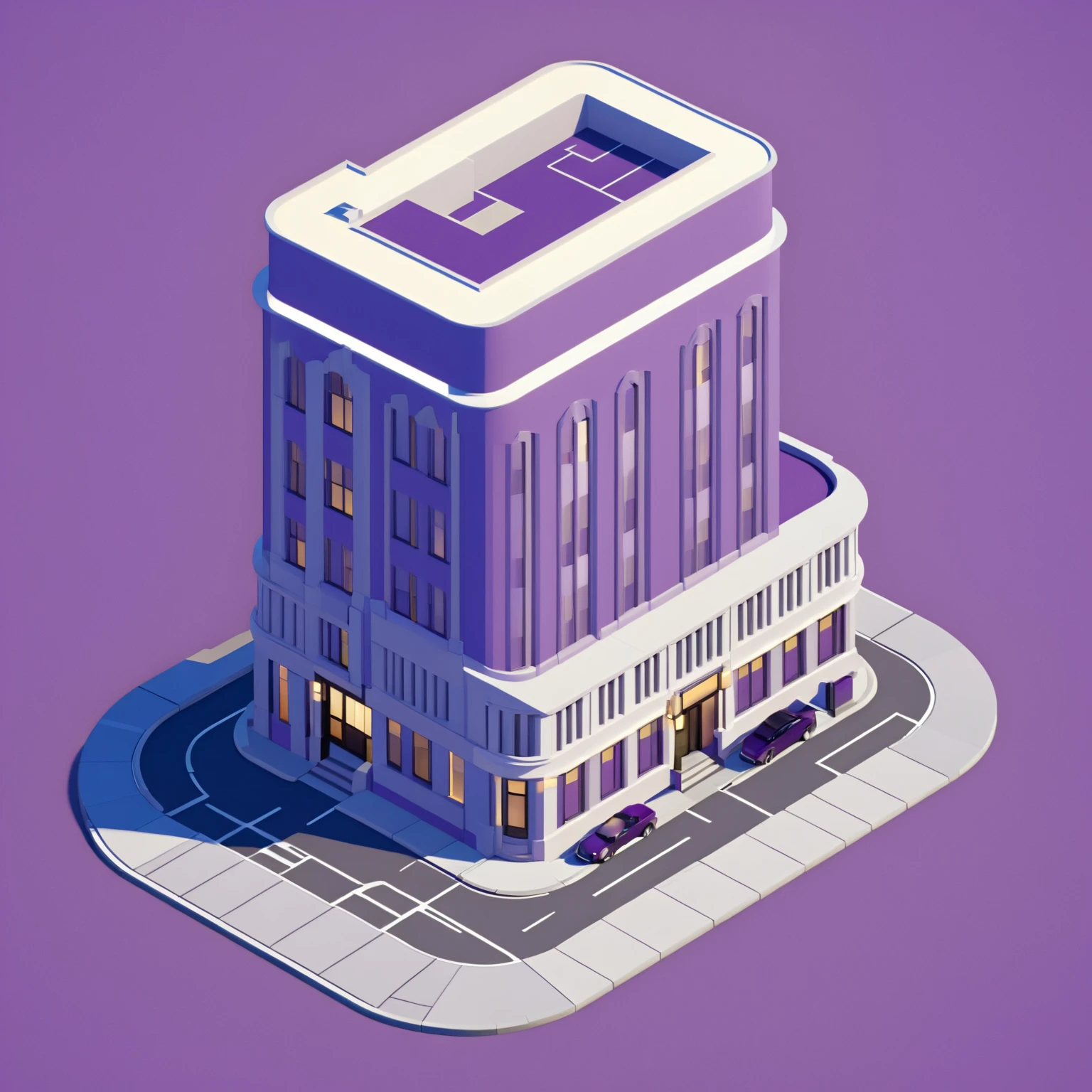 isty02 style. isometric illustration
Art deco city street and evening, Purple background,
detailed, professional,  slick, 3d, unreal engine, render, ray tracing,
high quality, masterpiece, highres,