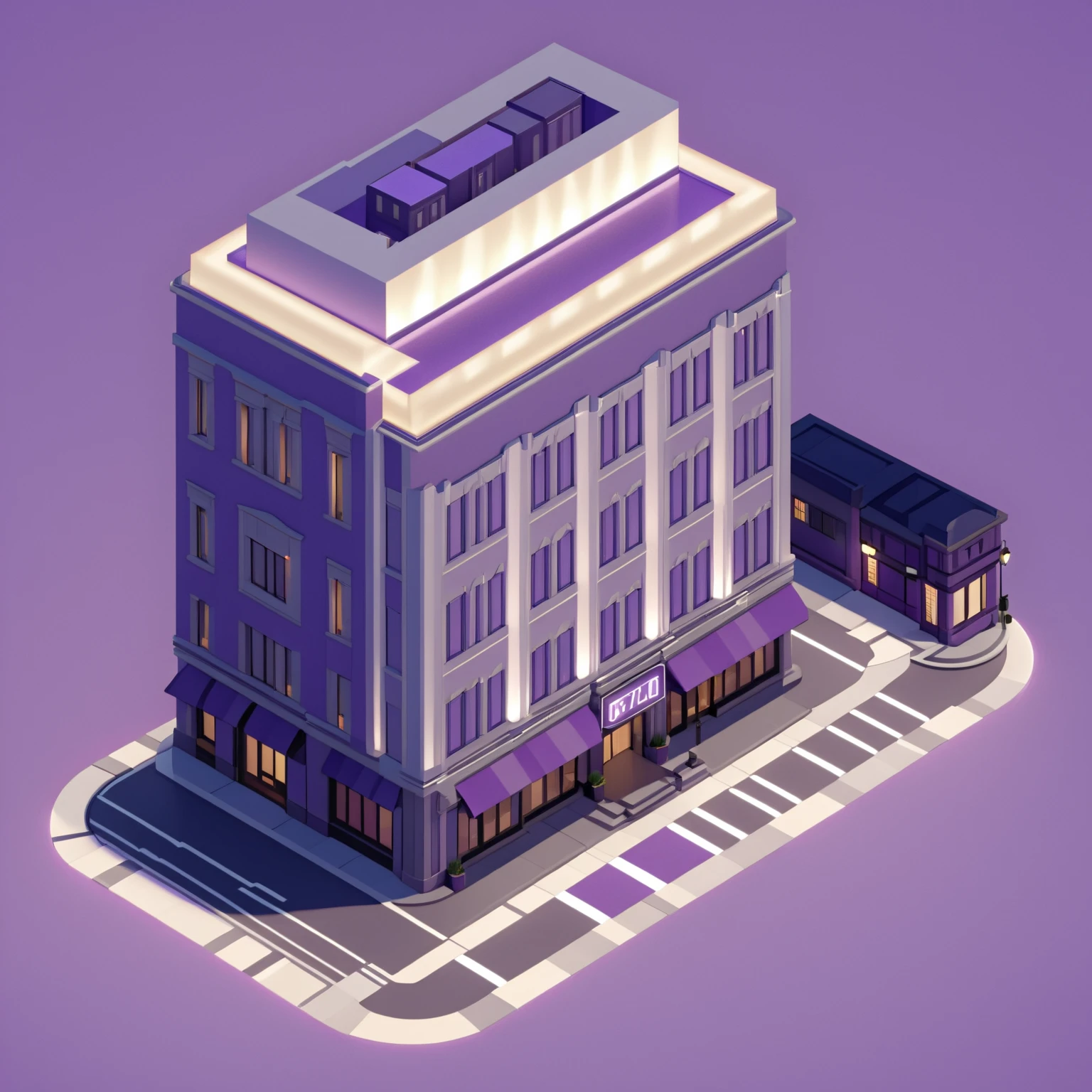 isty02 style. isometric illustration
Art deco city street and evening, Purple background,
detailed, professional,  slick, 3d, unreal engine, render, ray tracing,
high quality, masterpiece, highres,