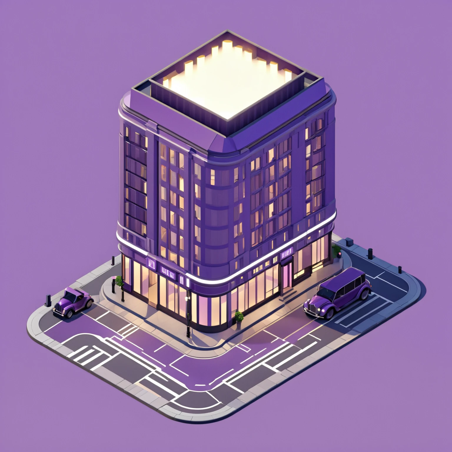 isty02 style. isometric illustration
Art deco city street and evening, Purple background,
detailed, professional,  slick, 3d, unreal engine, render, ray tracing,
high quality, masterpiece, highres,