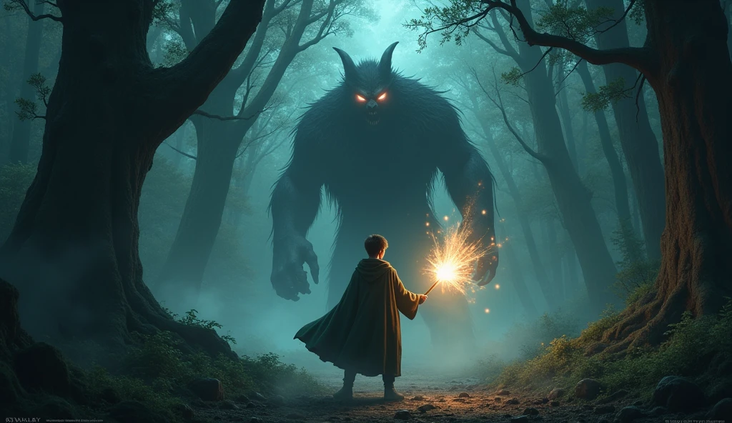 Shamim standing with a glowing lamp, facing the beast – A man bravely standing with a glowing lamp in hand, as the terrifying beast stares him down.