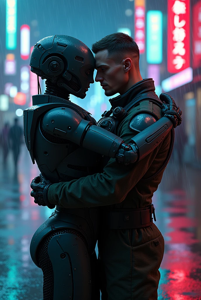 Chinese realistic cyberpunk city, very colorful in the rain. Humanoid robots kissing in the middle of the street as army soldiers point guns --auto --s2