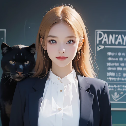   high res 、  high res 、 High image quality 、masterpiece、 one beautiful woman inside the aquarium building  、２５age、 school teacher 、 blondes、 blue eyes、Navy Suit、 school classroom、  Cute Poses 、 blackboard 、smile、(( depicting only the upper body ))、(( woman with a panther face ))