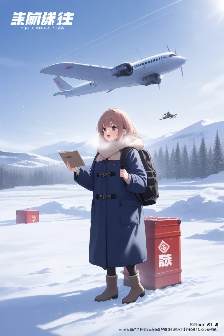  Make a New Year card from a logistics company . The image should show 2 girls and 1 man .  Maybe they are holding some boxes in their hands and looking ahead. in the background Containers , plane,  snow , , that is, the background should be winter, possibly blue, and there should be a Happy New Year message