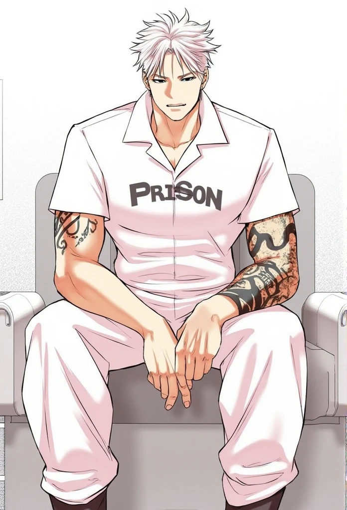 A character from the "Lookism Manhwa" a muscular man with short, spiky white hair and a stern expression, wearing a white jumpsuit with "Prison" written on the chest. He is sitting on a metal chair with his legs crossed, one hand resting on his knee, and the other holding a cigarette. He has a tattoo on his left arm and a serious, intense gaze.