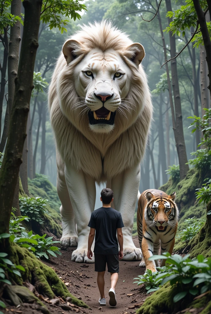 a thai Man in black t-shirt walks in forest of tall a giant white lion and a giant white tiger