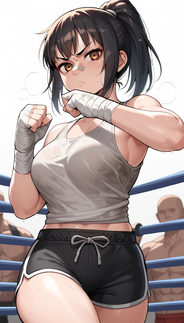 ((((masterpiece, best quality, high resolution)))), Extremely detailed 8K, 1 female, wearing a white Karate gi, (ahegao),white eyes, Small breasts, sash, japanese clothes, No underwear,No eyeballs, Facing the audience, looking at the audience, tired, from below, (Exposed armpit:1.1), ((armpit:1.2)), sexy, Sweating, More and more sweat,(ahegao), (Roll your eyes), open mouth, Sticking out tongue, saliva, Slobber,Skinny, raise arms, (arms above head:1.5)(Ultra HD, Ultra-detailed, Highly detailed, Highly realistic, Ultra-realistic, photograph realistic), (1girl:1.5), (Realistic black hair), (dynamic poses), facing at camera, looking at viewer, (slightly serious face), (perky breasts:1.2), (beautiful detailed face, beautiful detailed eyes), ((worn out karate gi)), (preparing for a fight), sweat, glow, (sunbeam, sunlight), ((cowboy shot)), inside a training gym, seductive, EnvyBetterHands LoCon,