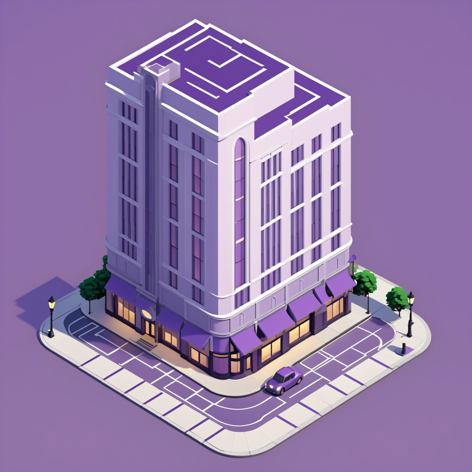 isty02 style. isometric illustration
Art deco city street and evening, Purple background,
detailed, professional,  slick, 3d, unreal engine, render, ray tracing,
high quality, masterpiece, highres,