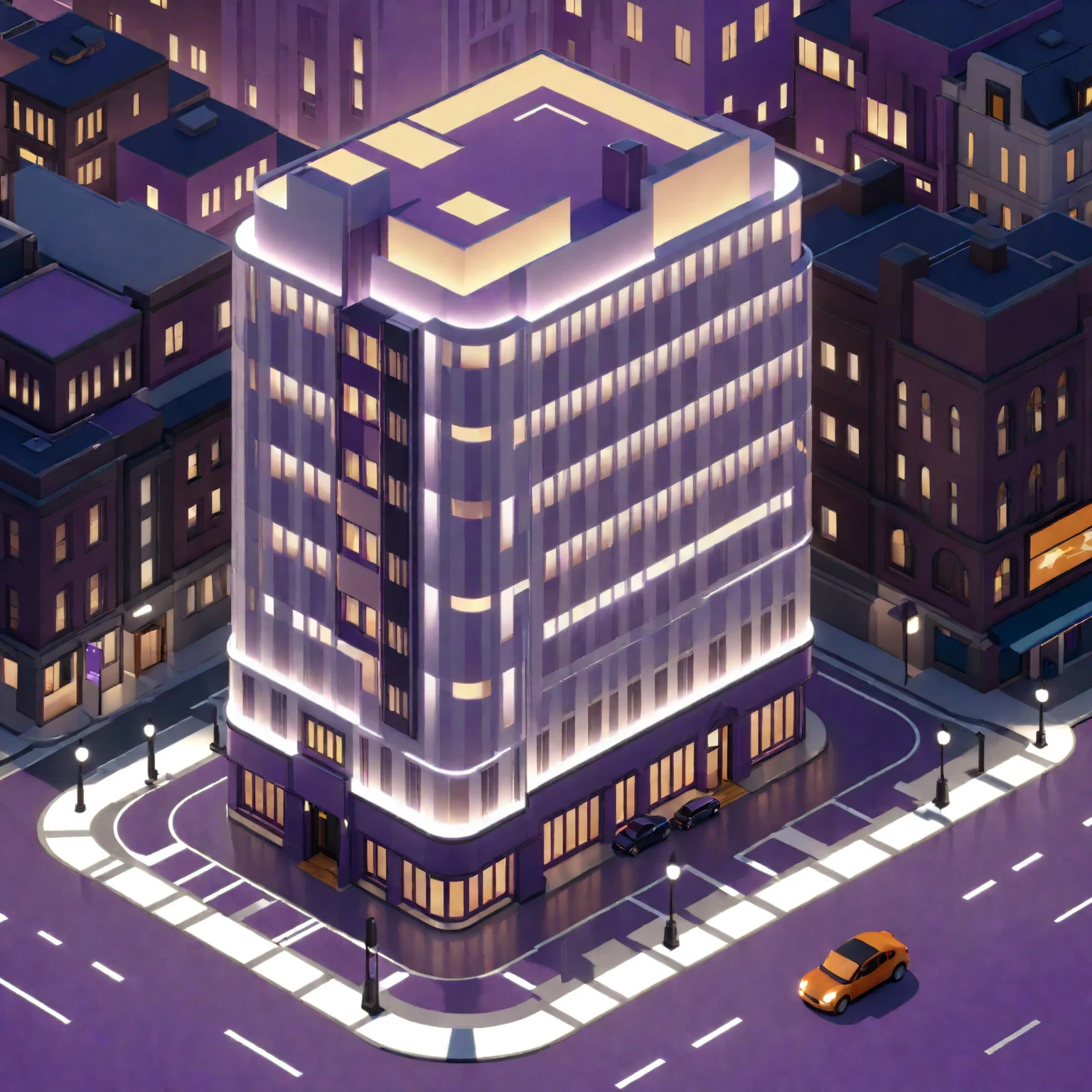 isty02 style. isometric illustration
Art deco city street and evening, Purple background,
detailed, professional,  slick, 3d, unreal engine, render, ray tracing,
high quality, masterpiece, highres,