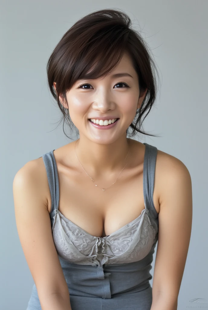 (masterpiece:1.2,8k, RAW photo,  super quality ),  absurd, ( photorealistic :2), High resolution live photos,  professional photography ,((Best Quality))、 beautiful Japanese OL 、 show cleavage 、 Denim Miniskirt、 (grey tank tips)、 White Lace Bra 、smile、( Watch Viewers )、 short hair、 gray background、 lean forward、Front light、Bend your body,