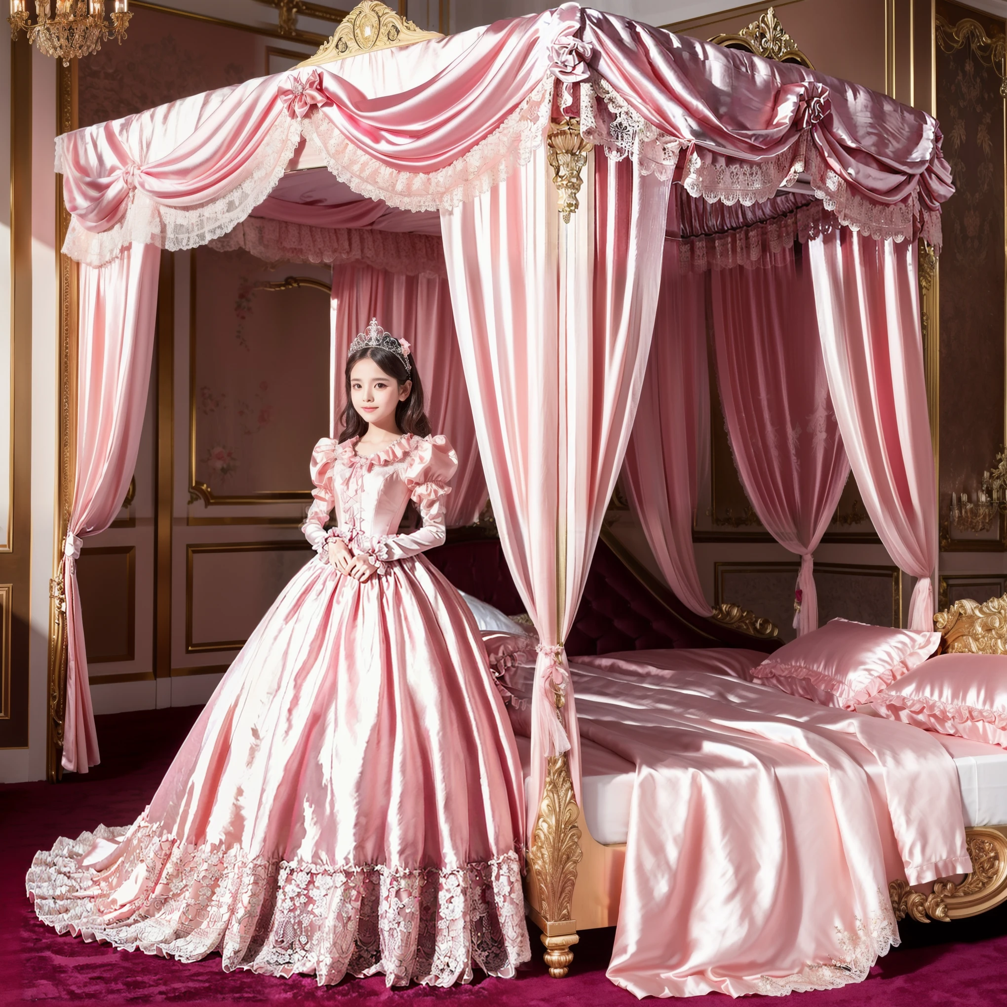 Photo of the cover of the magazine,Lot of Princesses Blonde hot pink Silk Satin Victorian Ball Gown Dress.(( young russian girls:1.0)),baby face,sholeeves,puff sleeves,frilled yoke collar,The dress is decorated with lots of frills and ribbons.,((wave straight Long hair:1.0)),They are wearing princess tiara on the head,in the luxurious European rococo style bedroom,gigant pink canopy kingsize bed behind,Ultra detailed luxurious princess canopy bed bed:1.2, ((in the bedroom)),,Silk satin frilled pink pillows,Silk satin pink bed sheets,they are lying on the bed,High-quality background,