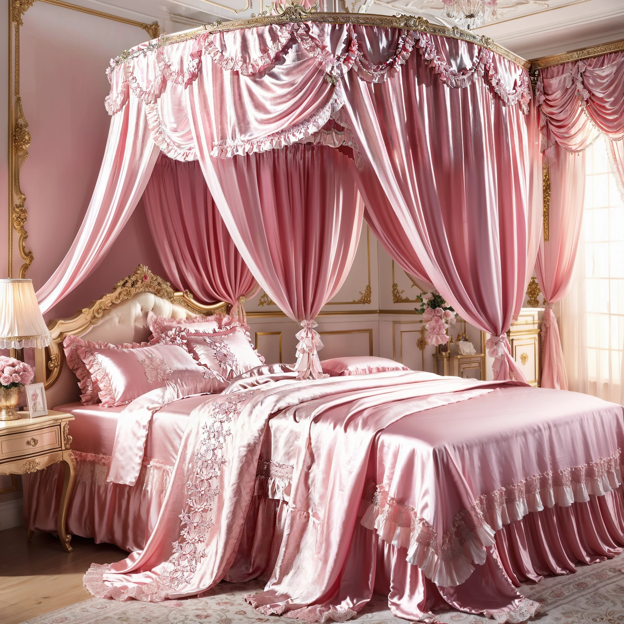 Photo of the cover of the magazine,Lot of Princesses Blonde hot pink Silk Satin Victorian Ball Gown Dress.((Ten years old young russian girls:1.0)),baby face,short,long sleeves,puff sleeves,frilled yoke collar,The dress is decorated with lots of frills and ribbons.,((wave straight Long hair:1.0)),They are wearing princess tiara on the head,in the luxurious European rococo style bedroom,gigant pink canopy kingsize bed behind,Ultra detailed luxurious princess canopy bed bed:1.2, ((in the bedroom)),,Silk satin frilled pink pillows,Silk satin pink bed sheets,they are lying on the bed,High-quality background,