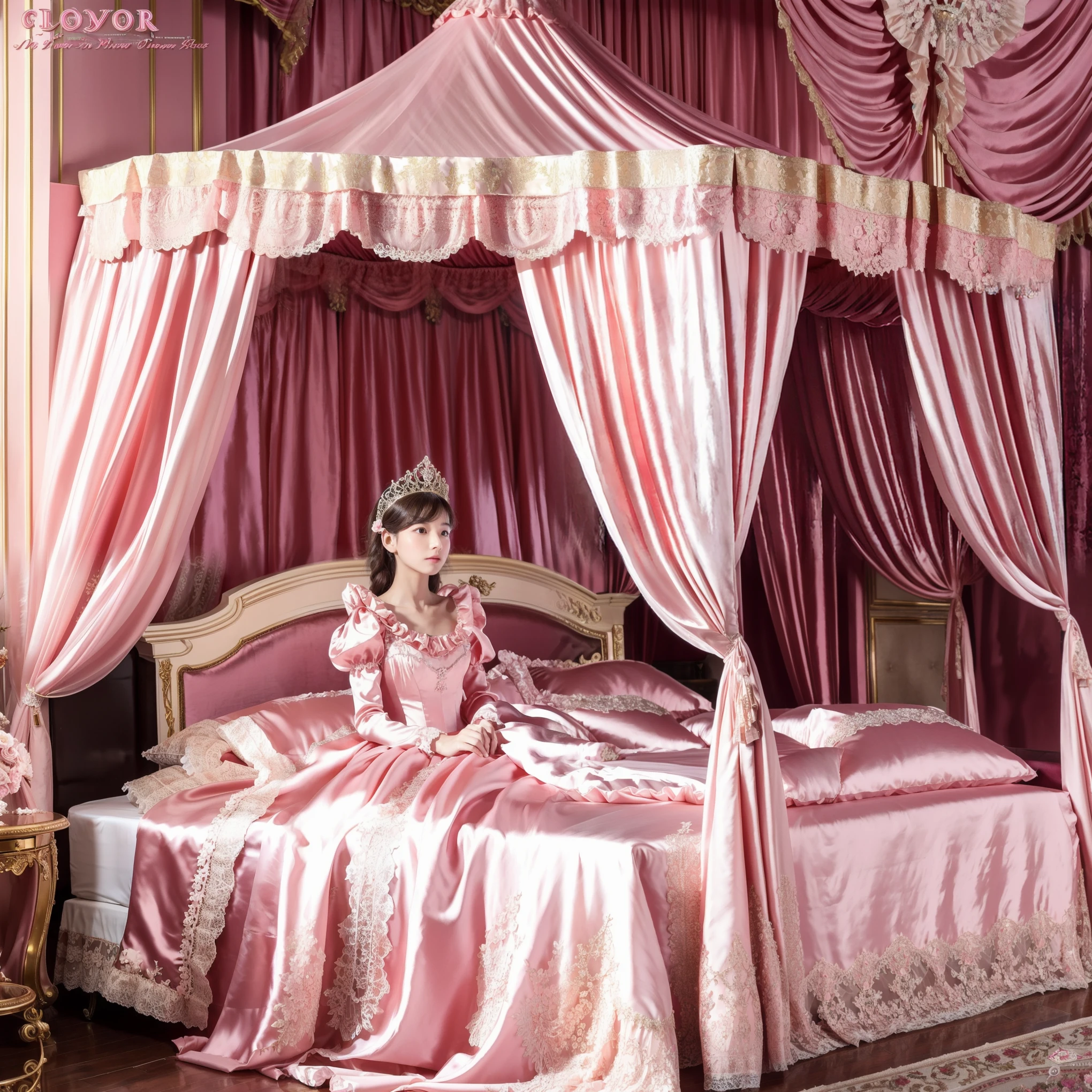 Photo of the cover of the magazine,Lot of Princesses Blonde hot pink Silk Satin Victorian Ball Gown Dress.((Ten years old young russian girls:1.0)),baby face,short,long sleeves,puff sleeves,frilled yoke collar,The dress is decorated with lots of frills and ribbons.,((wave straight Long hair:1.0)),They are wearing princess tiara on the head,in the luxurious European rococo style bedroom,gigant pink canopy kingsize bed behind,Ultra detailed luxurious princess canopy bed bed:1.2, ((in the bedroom)),,Silk satin frilled pink pillows,Silk satin pink bed sheets,they are lying on the bed,High-quality background,