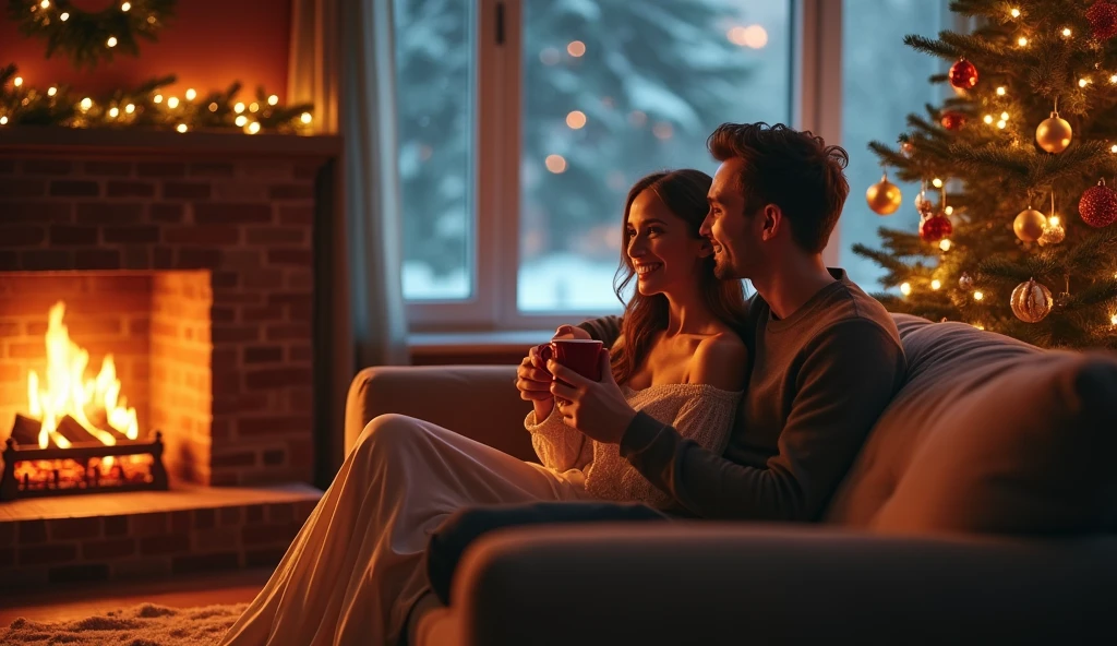 Dad and daughter are talking, sitting on the couch on New Year's Eve by the Christmas tree, lights from the lamps around, It's winter outside the window, 4k, ultra quality, wide angle