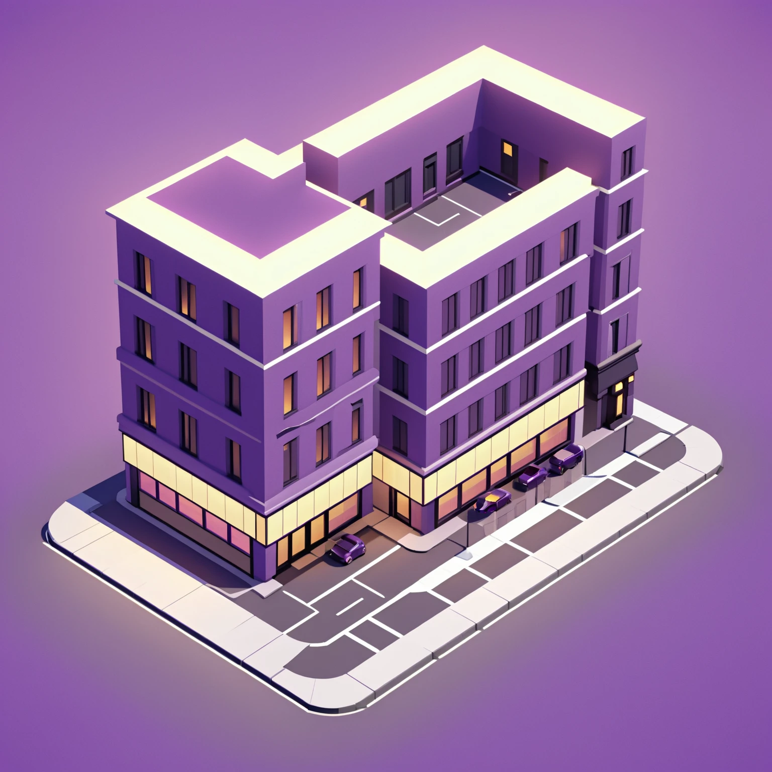 isty02 style. isometric illustration
Art deco city street and evening, Purple background,
detailed, professional,  slick, 3d, unreal engine, render, ray tracing,
high quality, masterpiece, highres,